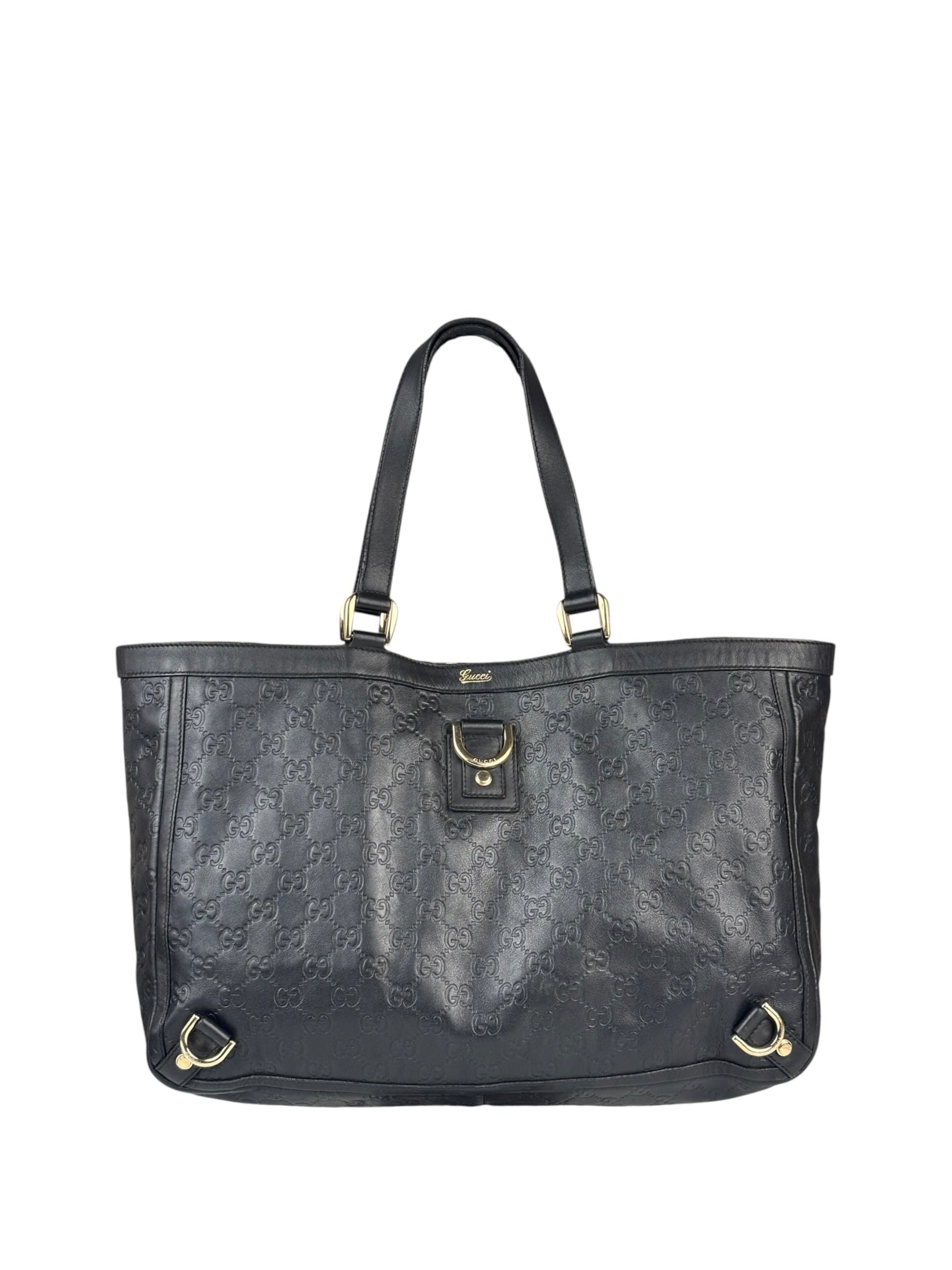 Gucci Black Leather GG Supreme D-Ring Abbey Tote