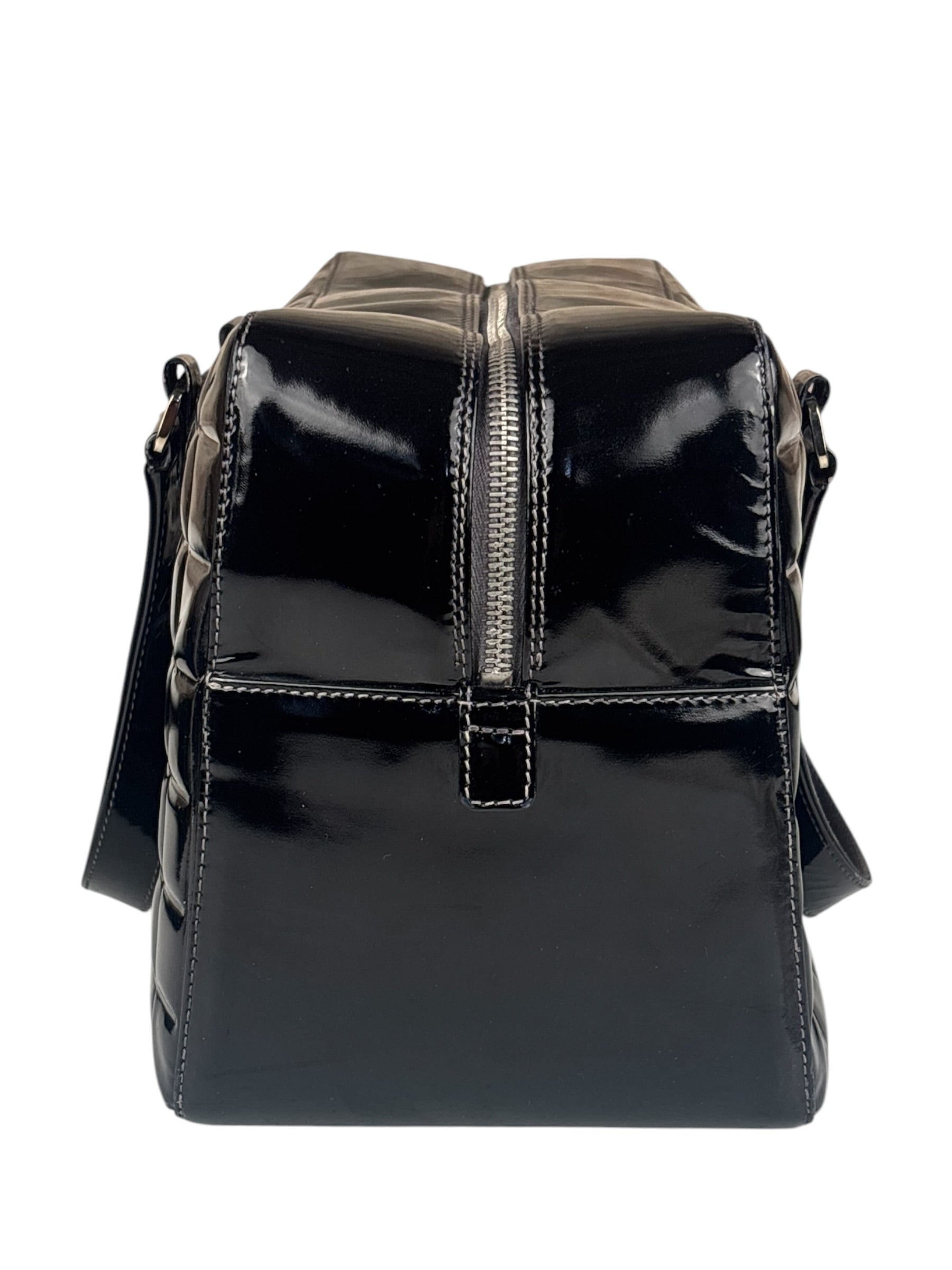 Chanel Black Leather Patent Chocolate Bar Bowler Hand Bag