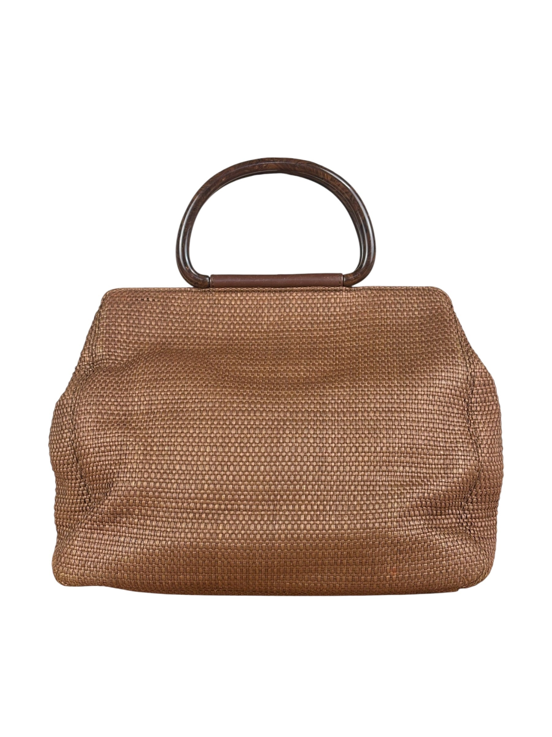 Chanel Vintage Brown Woven Straw Raffia Wooden Top Handle Handbag 2001