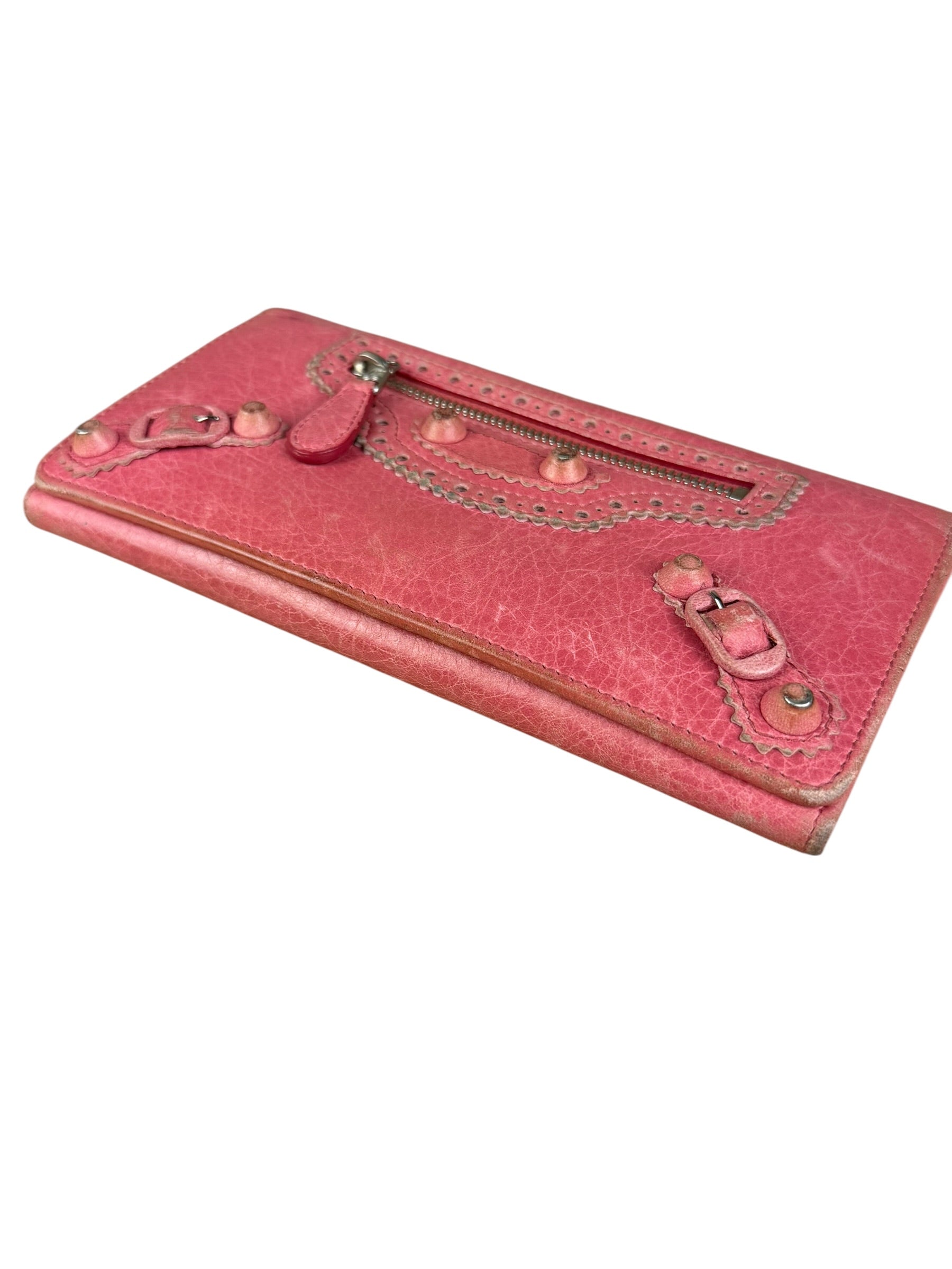 Balenciaga Pink Leather Moto Long Wallet