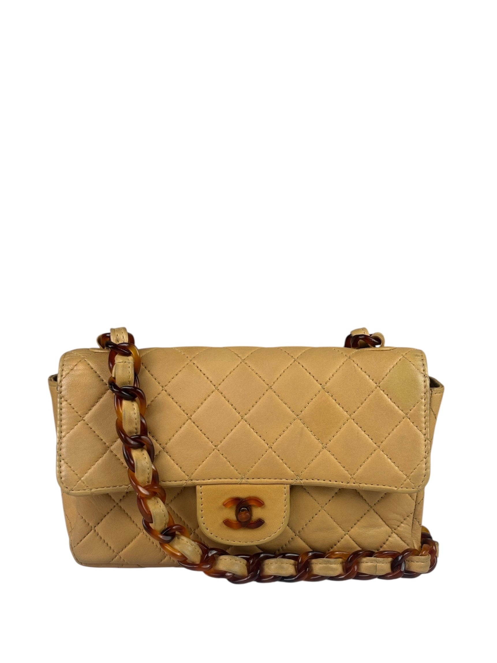 Chanel Beige Quilted Lambskin Tortoiseshell Chain Flap 1996