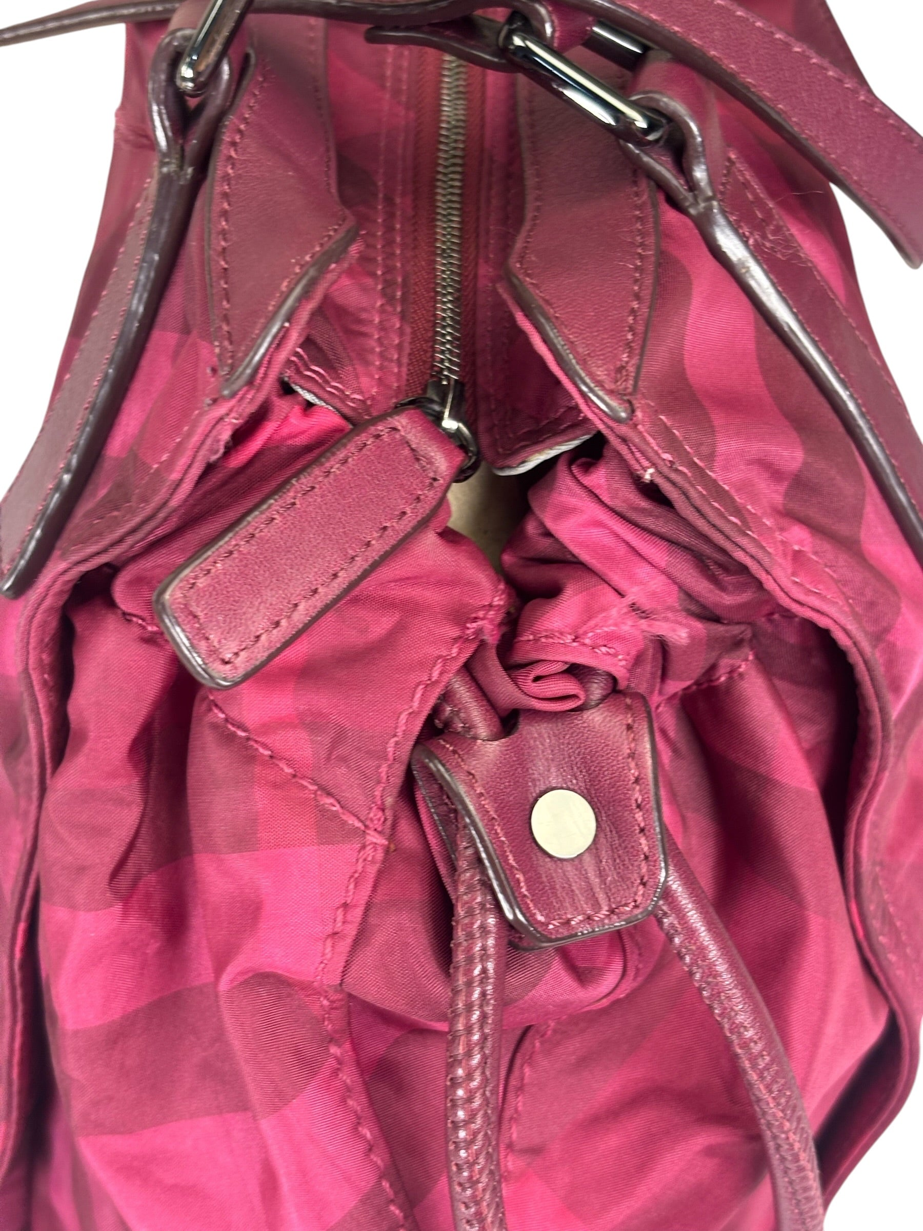 Burberry Plum Nylon/Leather Trim Nova Check Buckleigh Packable Tote