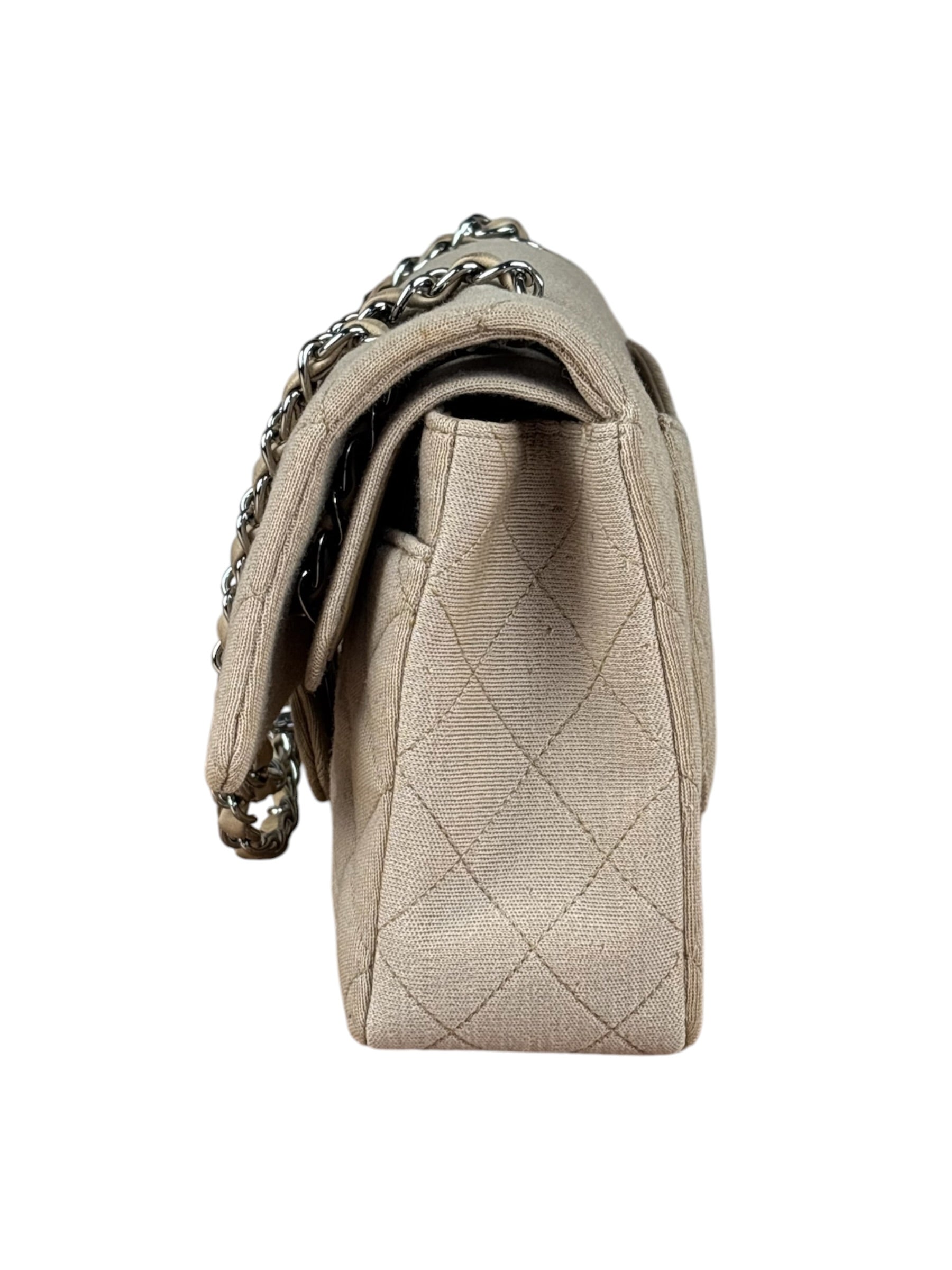 Chanel Beige Jersey Leather Trim Classic Double Flap Bag 2005