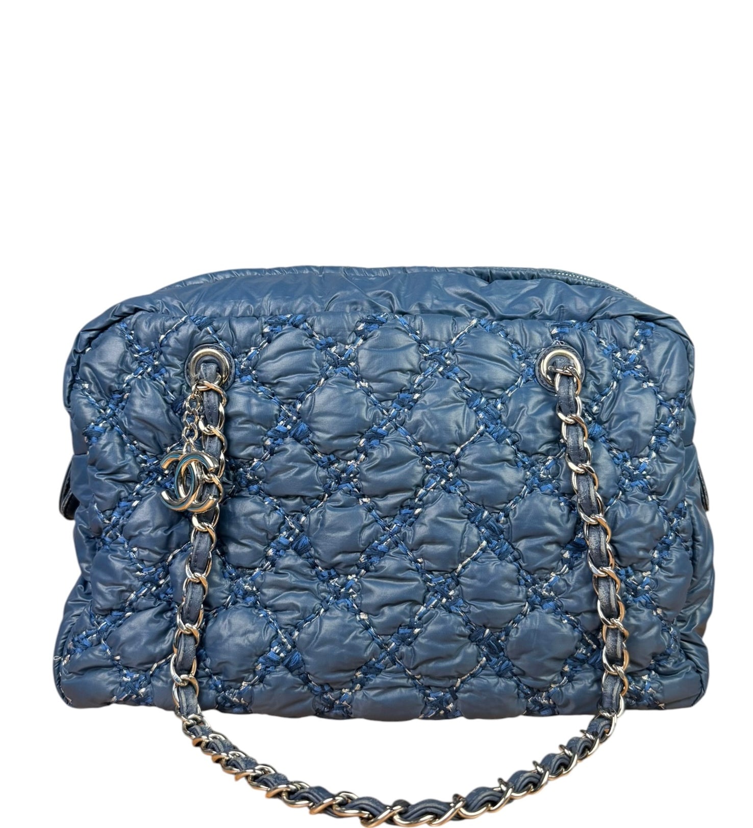 Chanel Blue Leather Trim/Nylon Tweed Stitch Puffer Chain Shoulder Bag 2010