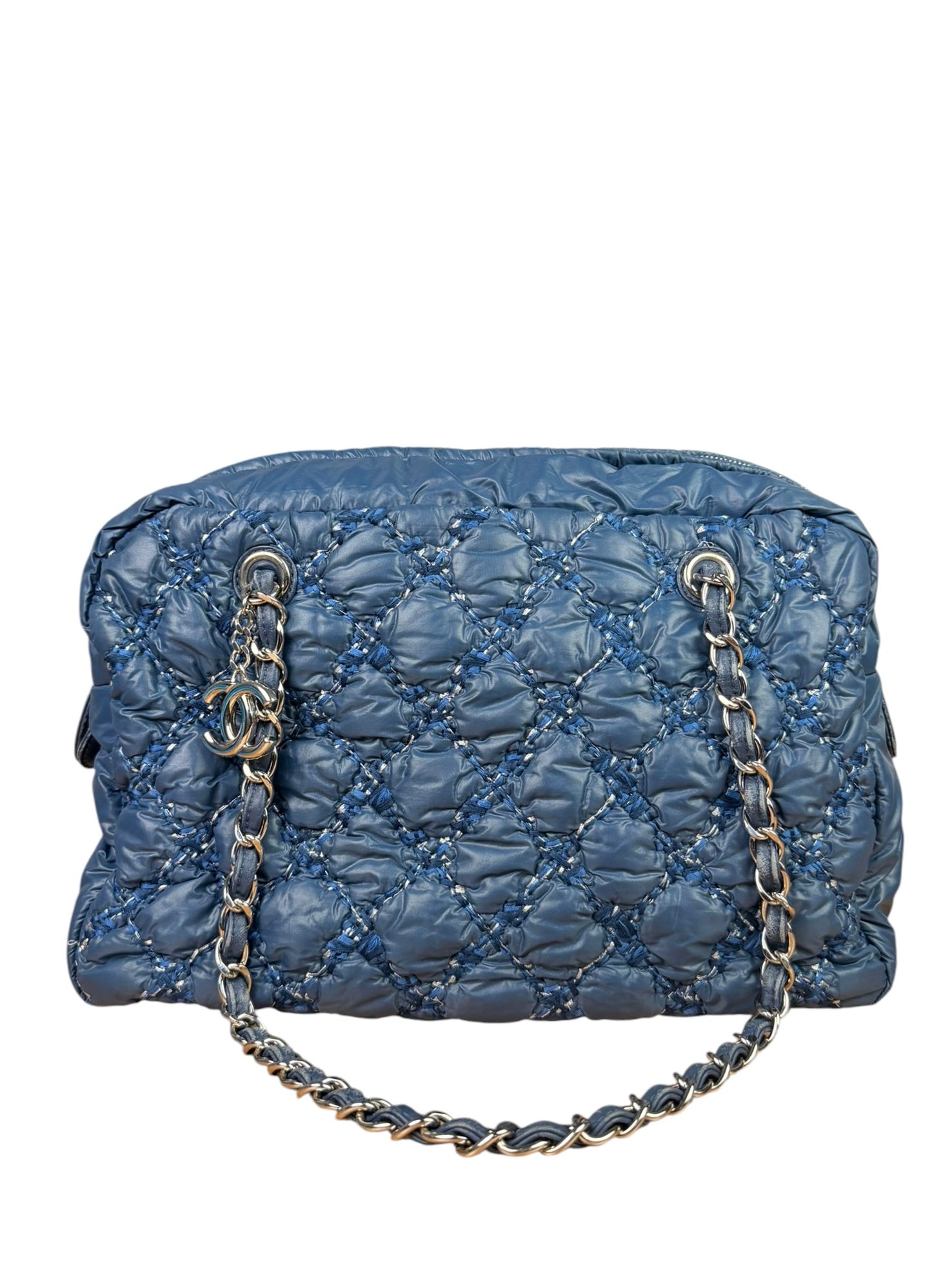 Chanel Blue Leather Trim/Nylon Tweed Stitch Puffer Chain Shoulder Bag 2010