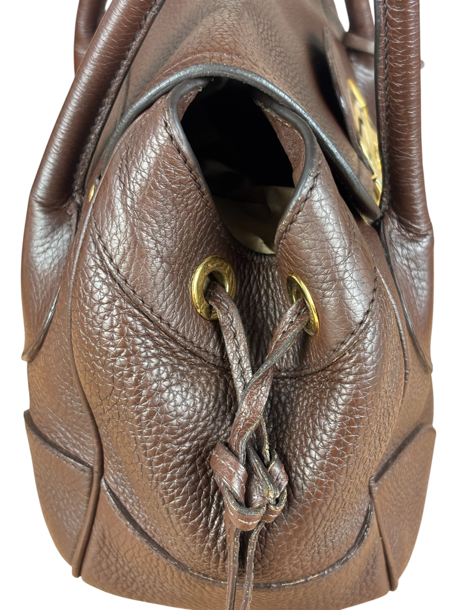 Prada Rich Brown Vitello Daino Sound Lock Satchel Shoulder Bag