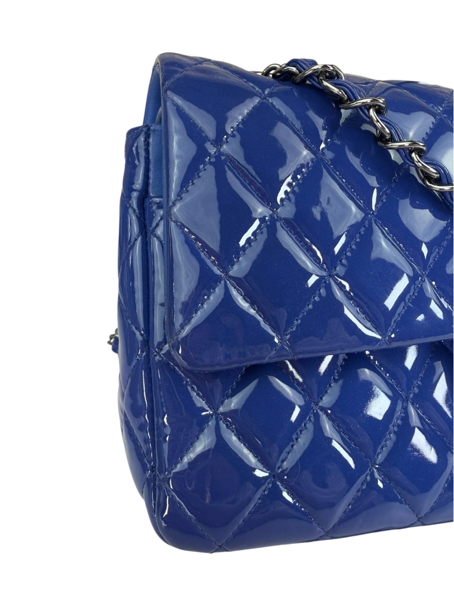 Chanel Shiny Blue Quilted Patent Leather Trim Double Flap Bag 2012
