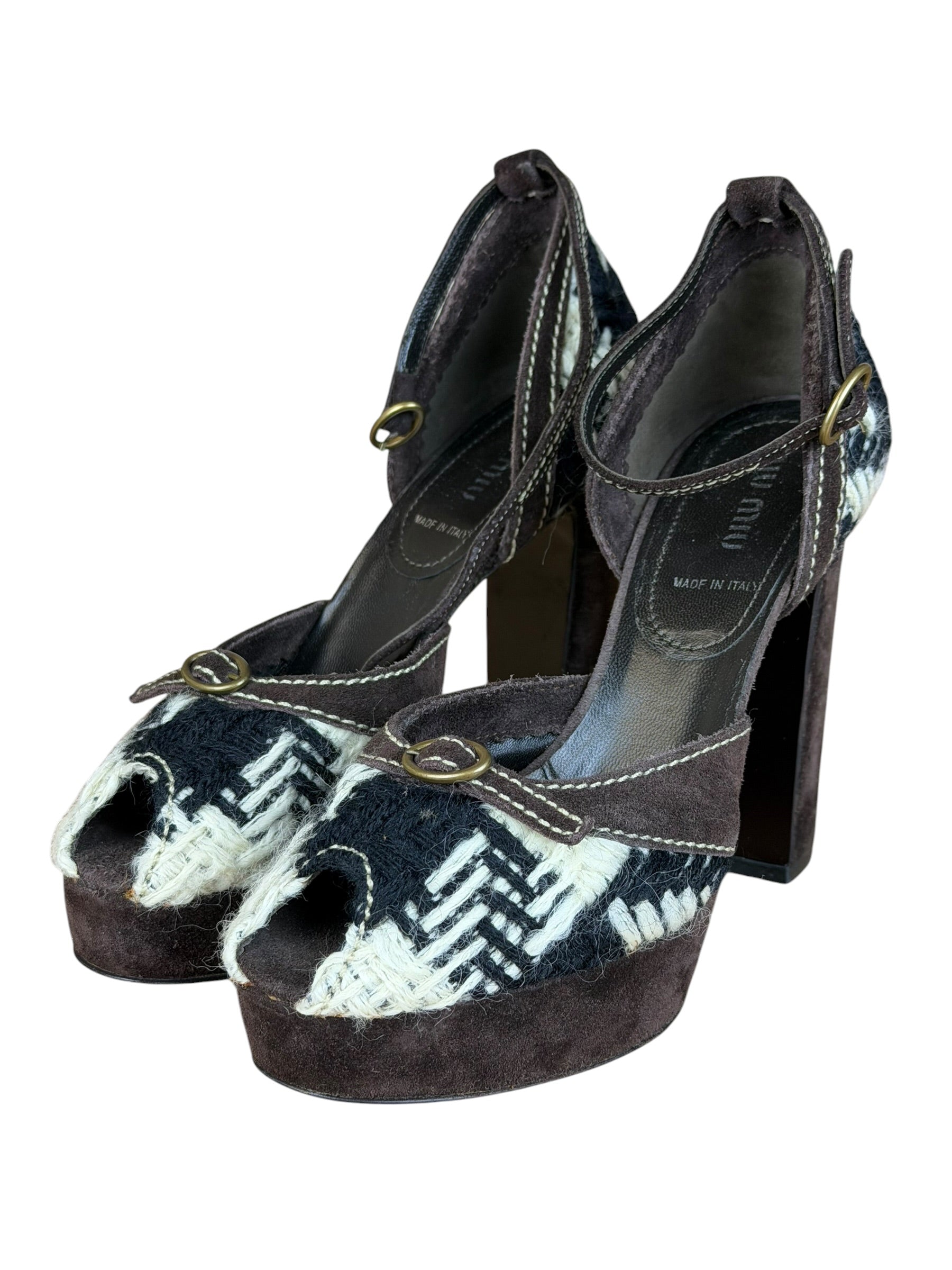 Miu Miu Vintage Woven Tweed Platform Sandals