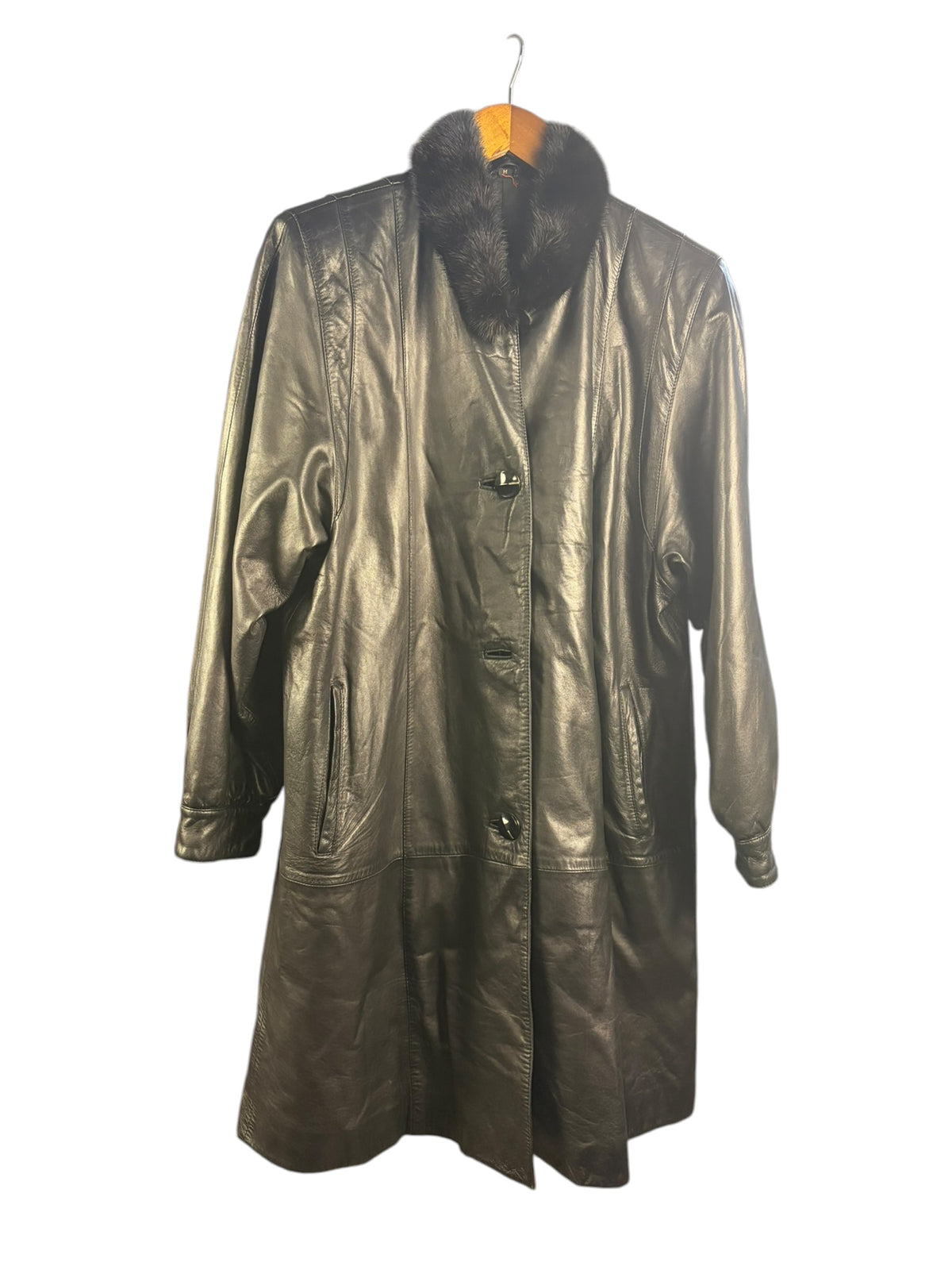 Vintage Black Sheepskin Leather Mink Fur Collar Long Coat