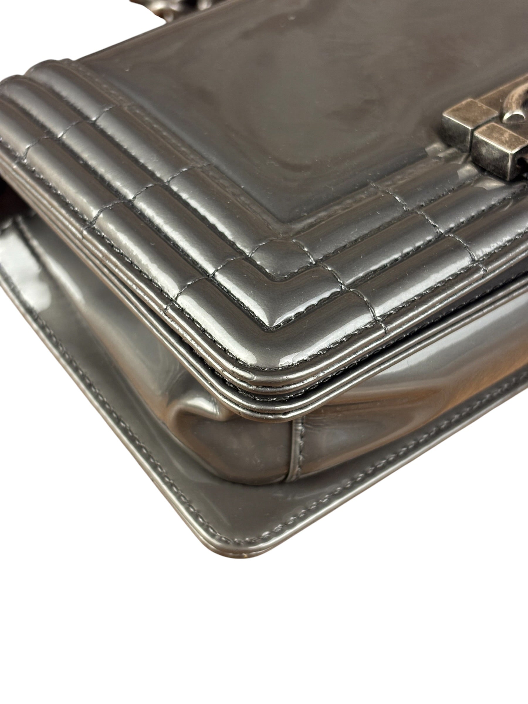 Chanel Gray Patent Leather Boy Flap Shoulder Bag