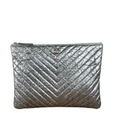 Chanel Chevron Aged Metallic Silver Patent Leather O-Case Clutch 1992