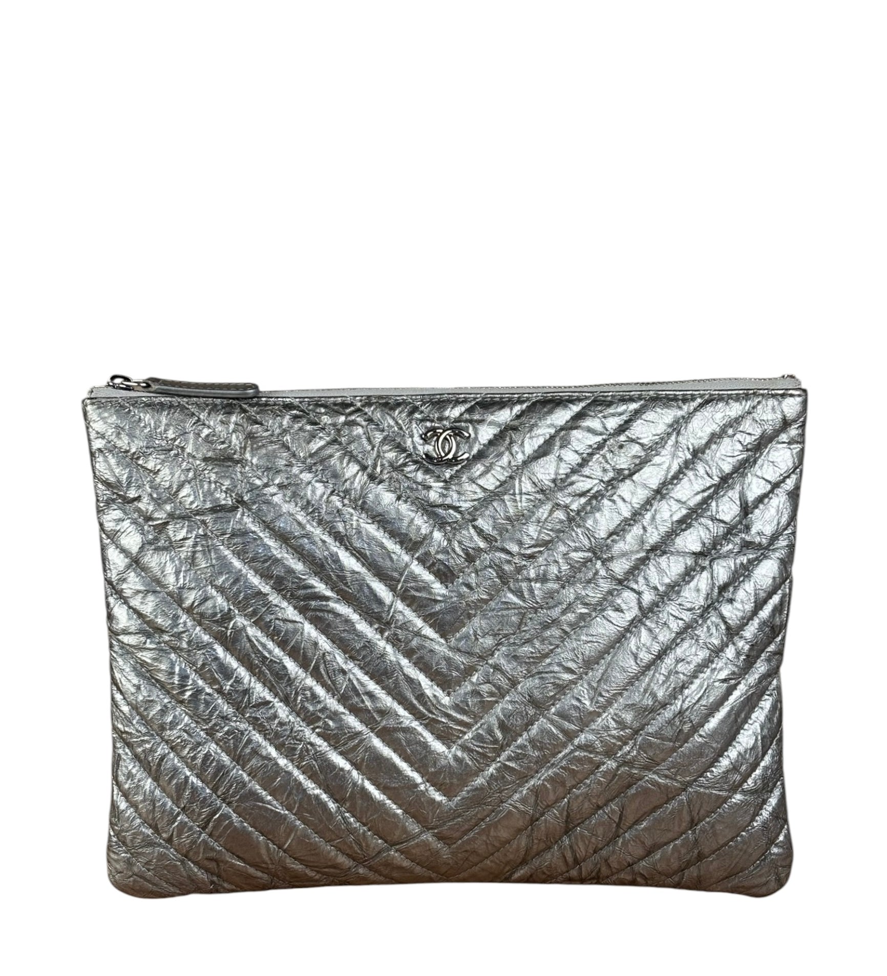 Chanel Chevron Aged Metallic Silver Patent Leather O-Case Clutch 1992
