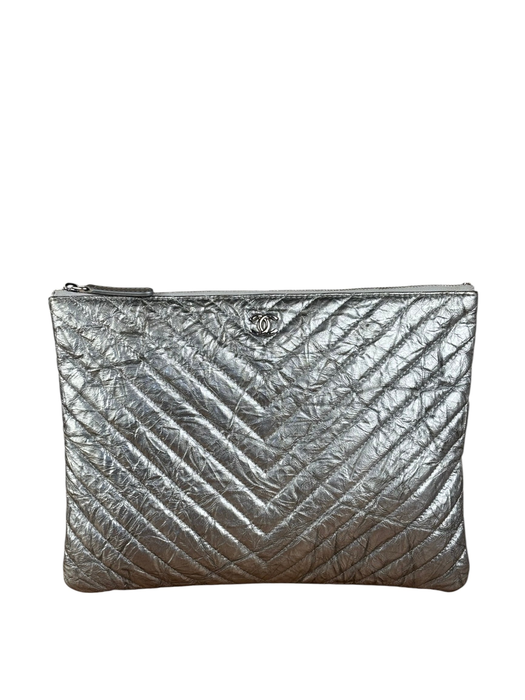 Chanel Chevron Aged Metallic Silver Patent Leather O-Case Clutch 1992