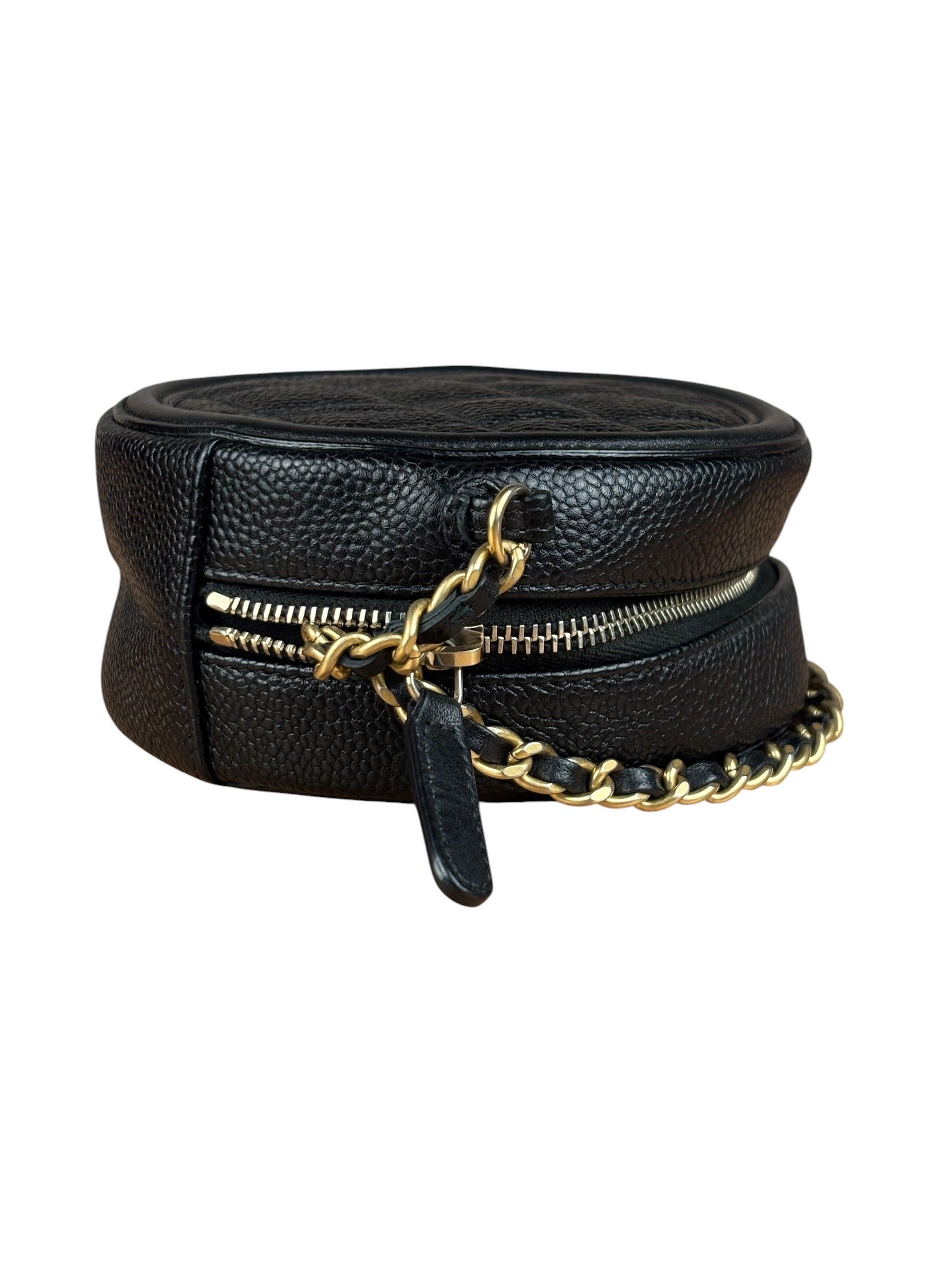 Chanel Black Quilted Caviar Leather CC Filigree Round Chain Clutch 2019