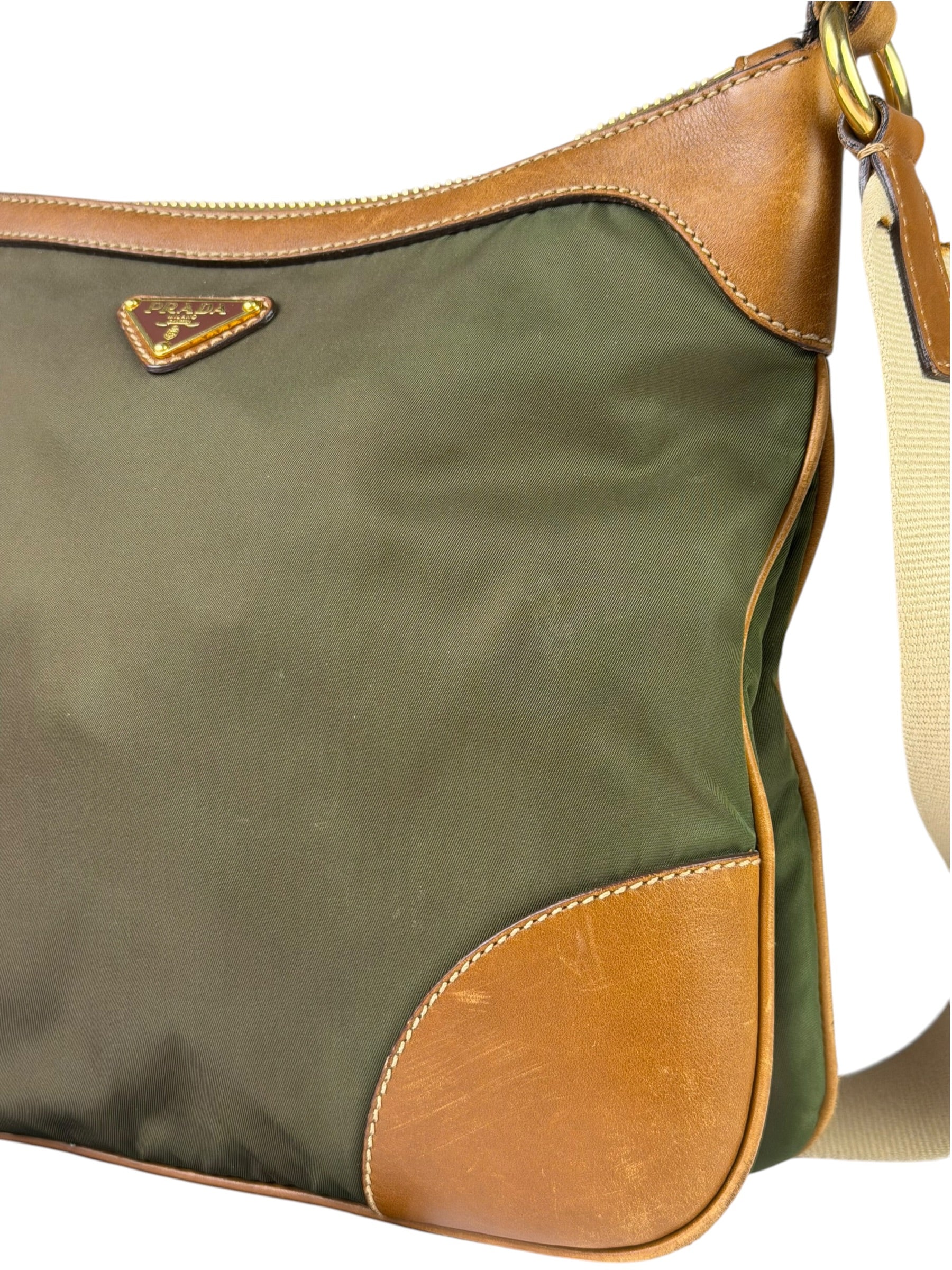 Prada Green/Brown Nylon/Leather Trim Crossbody Bag