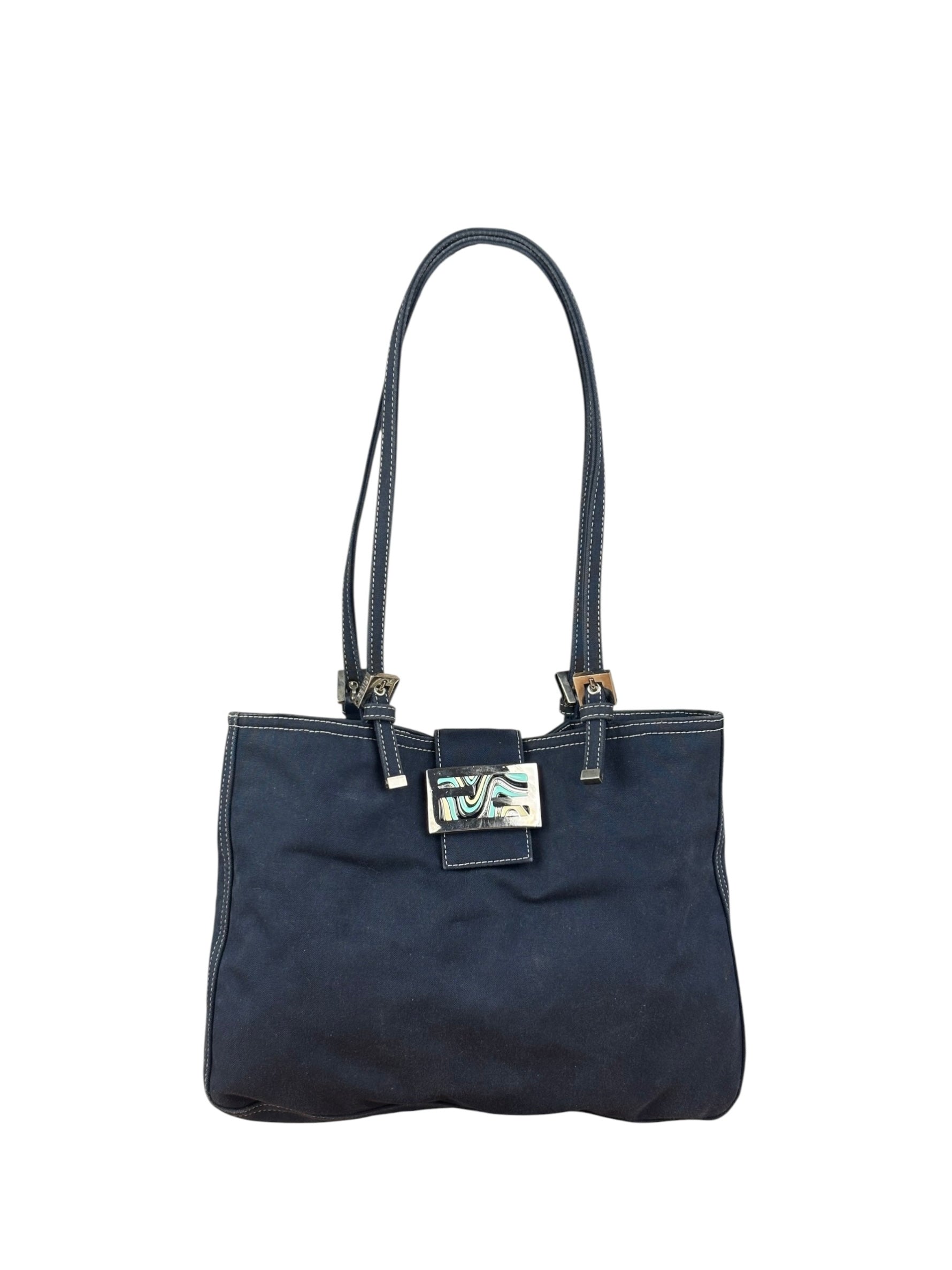Fendi Vintage Navy Blue Leather Trim Mamma Baguette