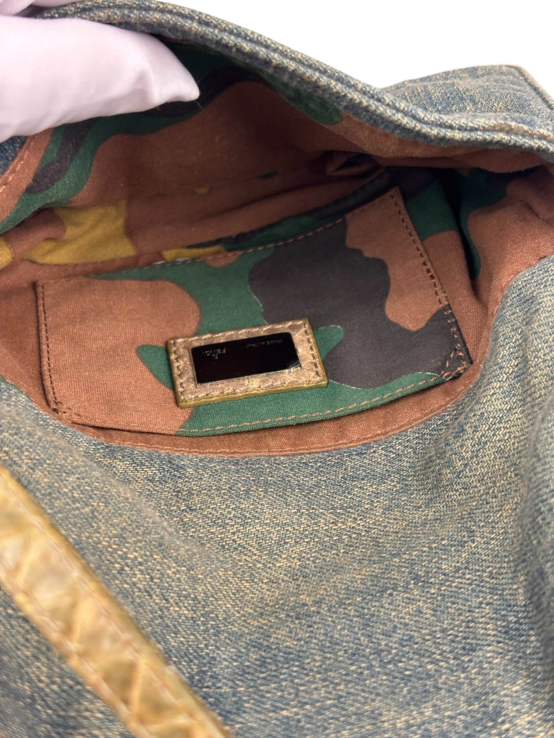 Fendi Denim/Snakeskin Trim Mini Baguette