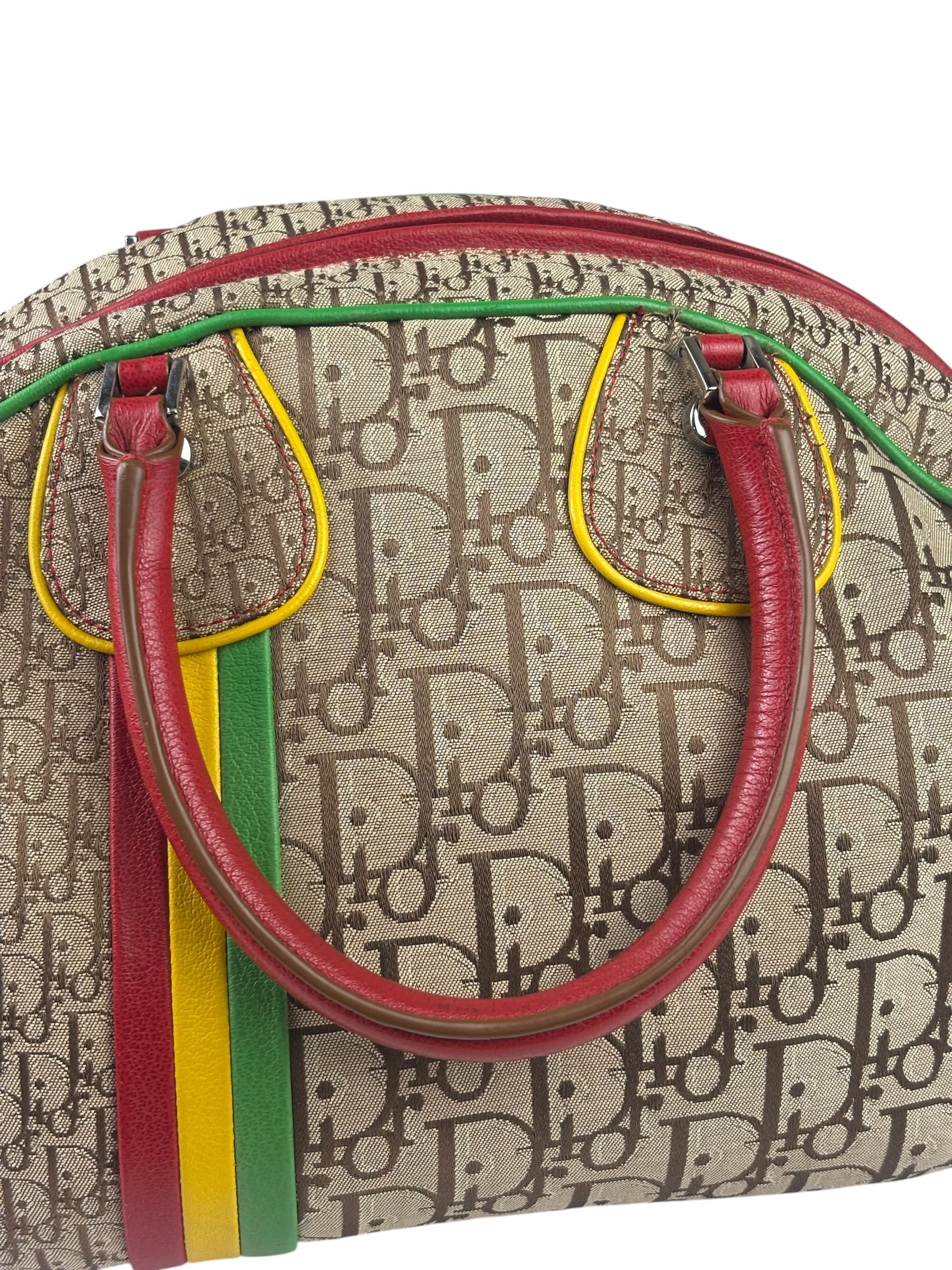 Christian Dior Vintage Beige/Brown Leather Trim Rasta Bowler Bag
