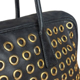 Prada Vintage Black Leather Nappa Metal Grommet Bauletto Handbag