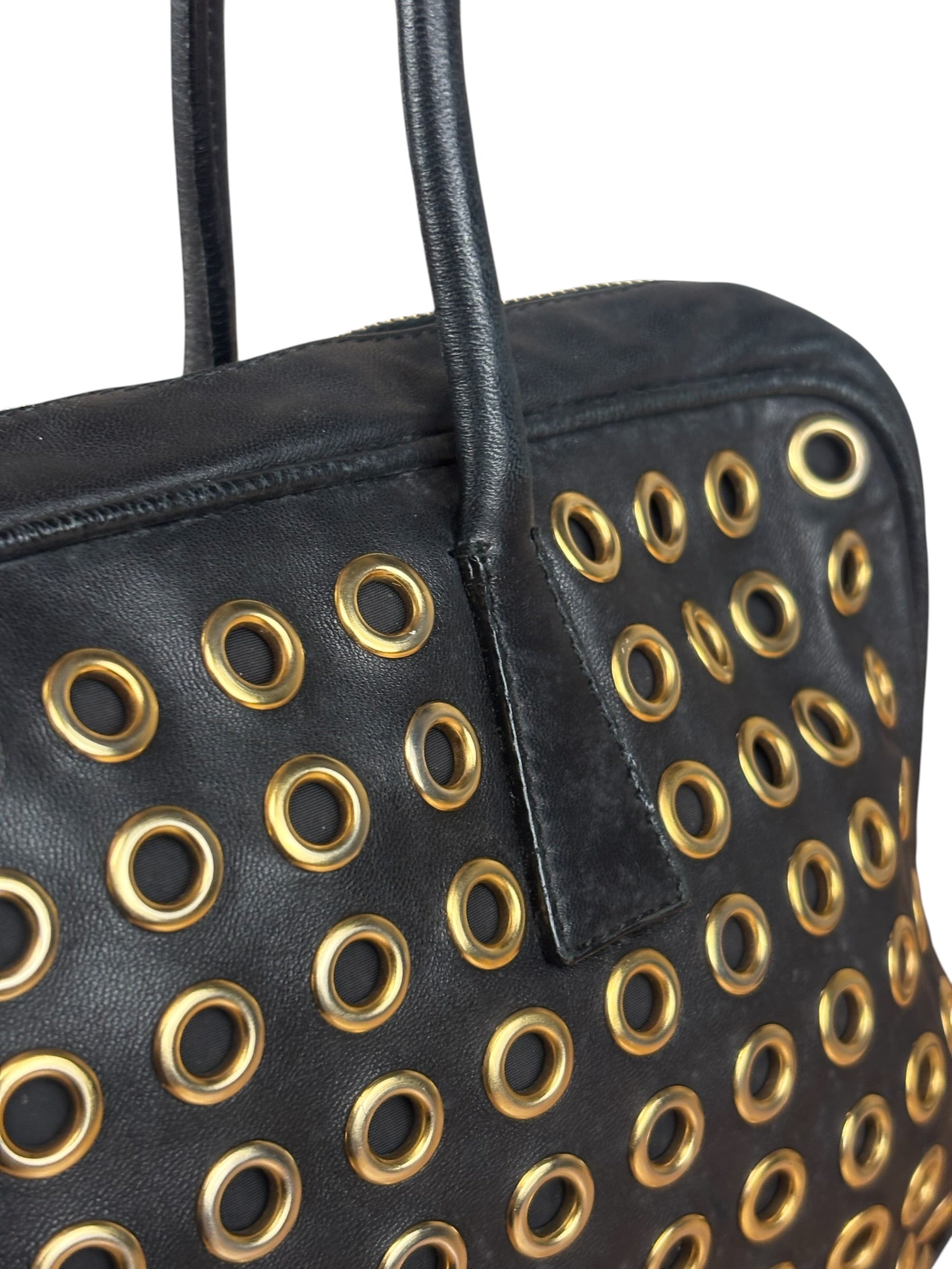 Prada Vintage Black Leather Nappa Metal Grommet Bauletto Handbag