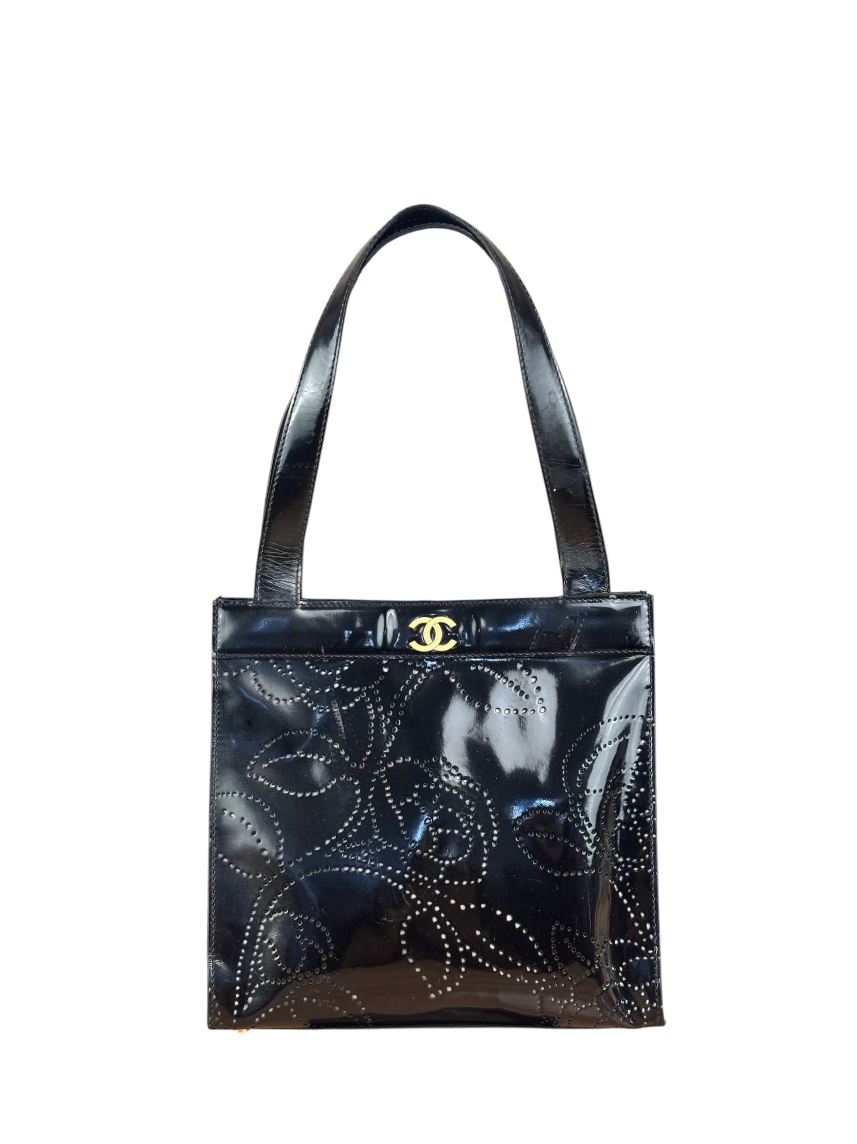 Chanel Black Patent Leather Perforated Camellia Tote Bag 2003