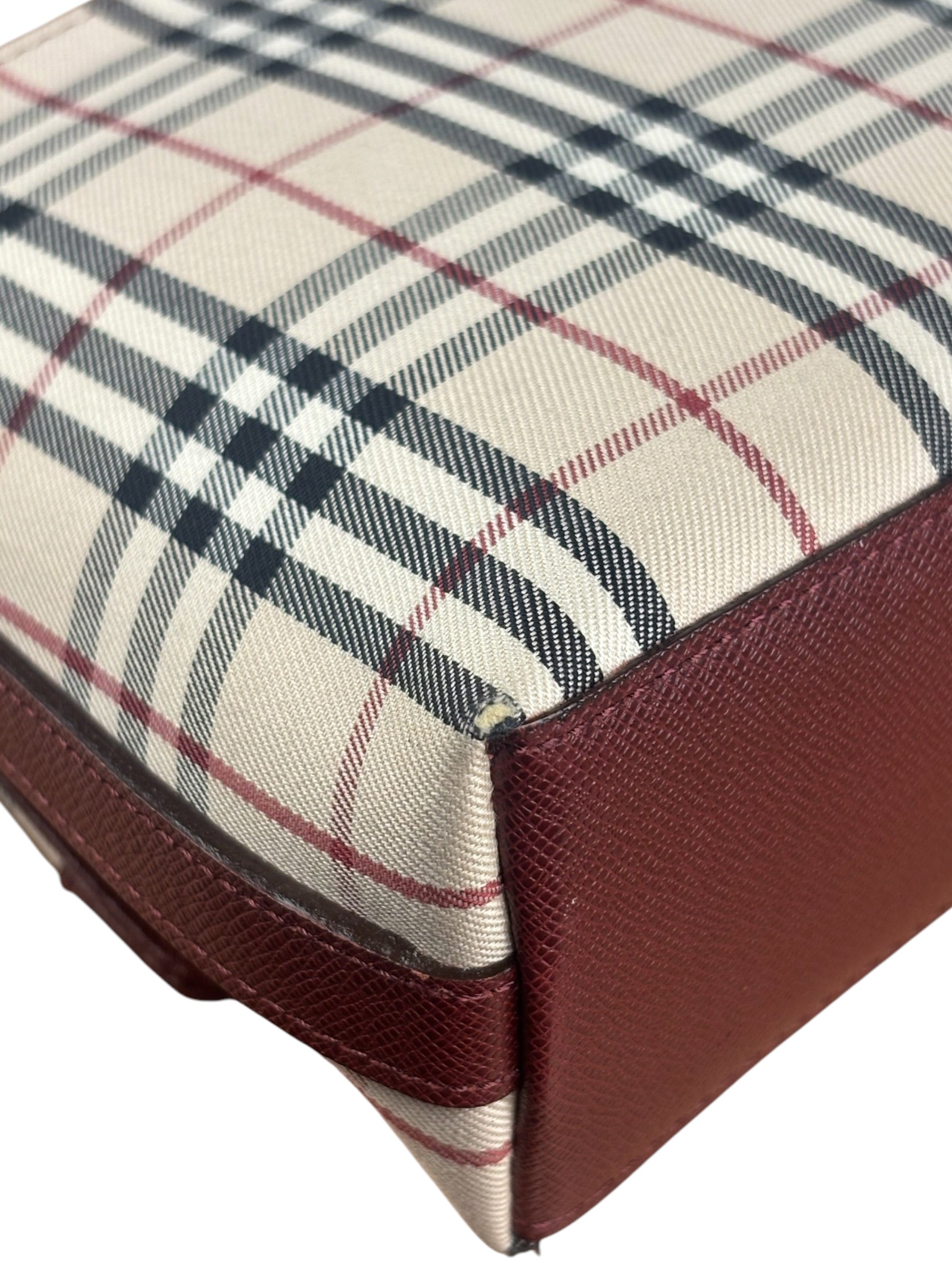 Burberry Burgundy Leather Trim House Check Shoulder Bag