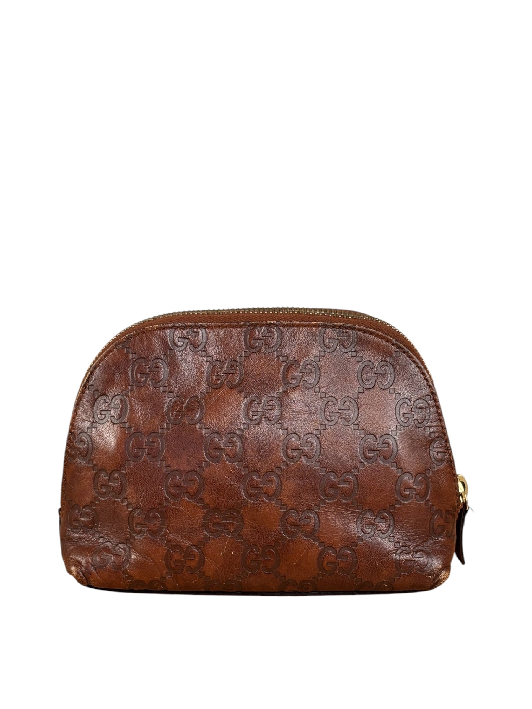 Gucci Vintage Brown Leather GG Zip Pouch