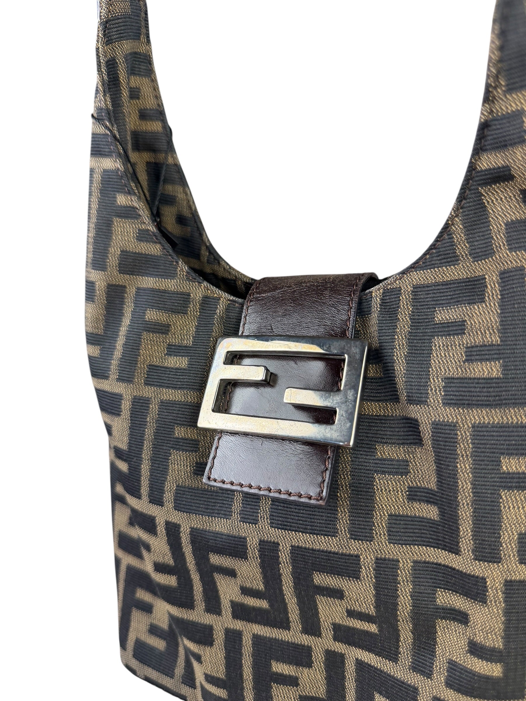 Fendi Brown Leather Trim Zucca Hobo Baguette