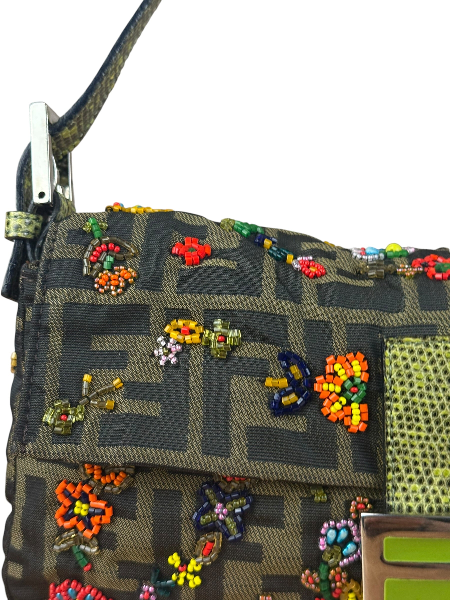 Fendi Vintage Zucca Beaded Lizard Trimmed Baguette