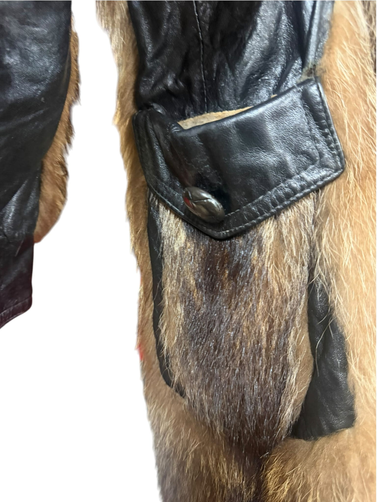 Vintage Brown Raccoon Fur Black Leather Peacoat