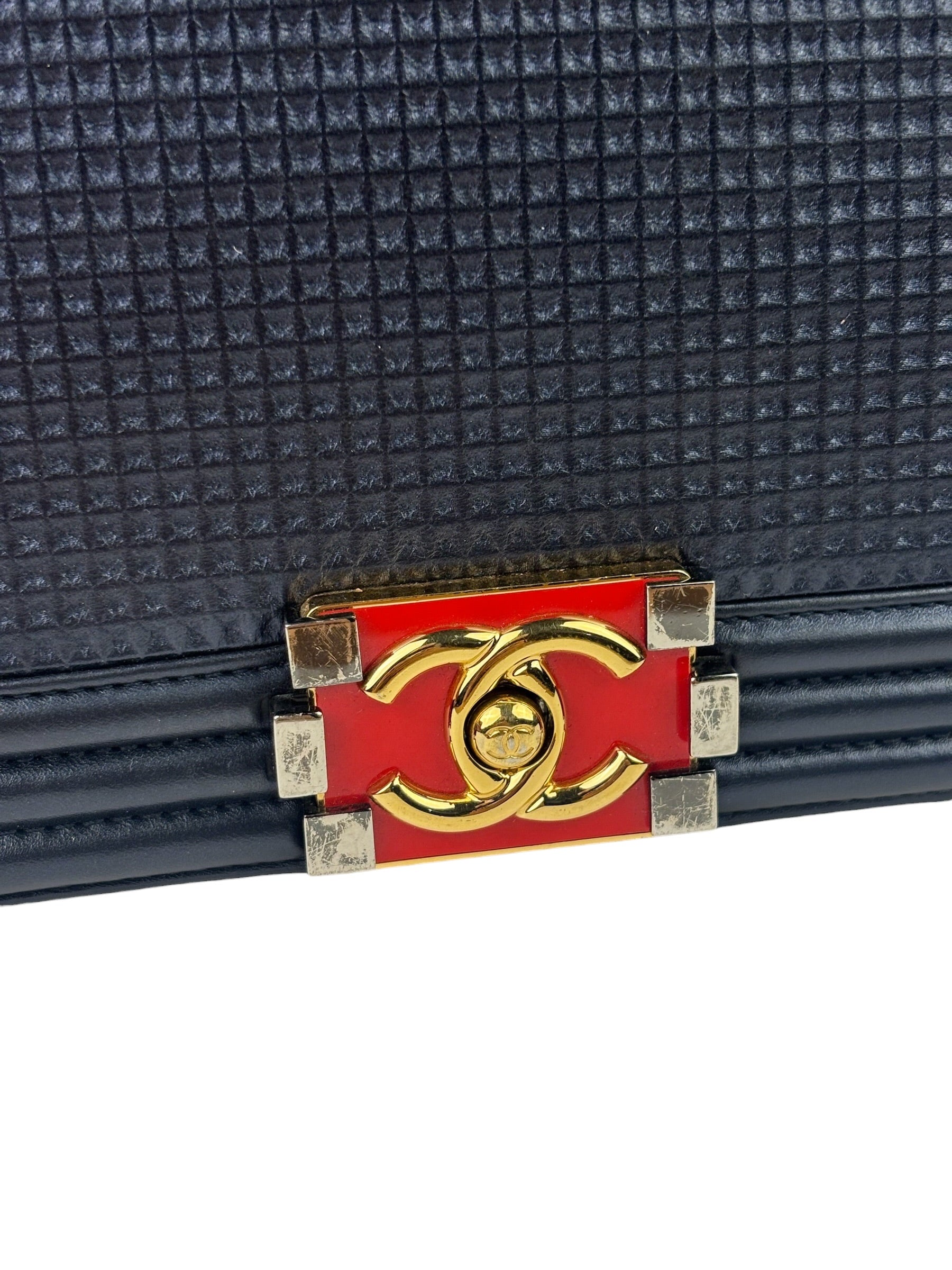 Chanel Navy Lambskin Cube Embossed XL Boy Flap 2013