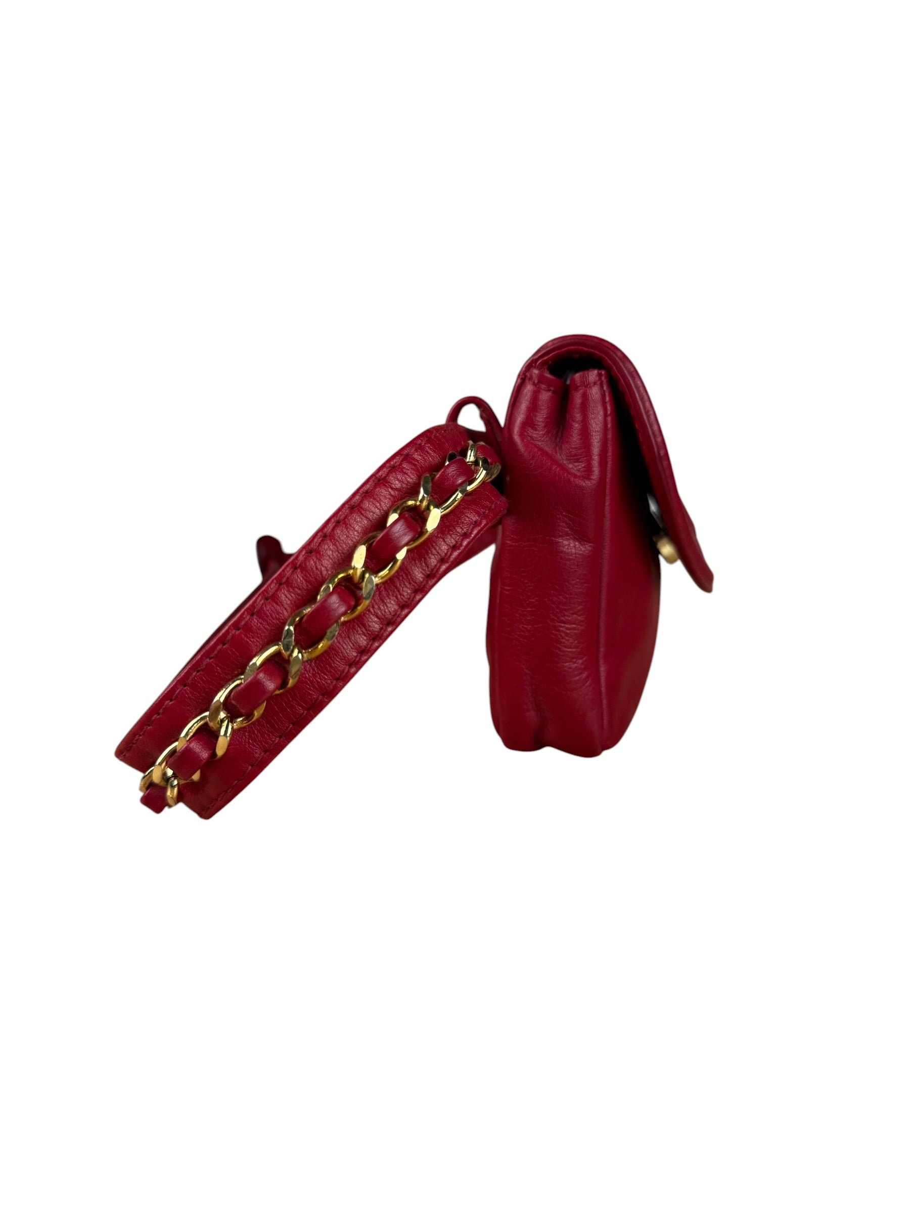 Chanel Vintage Red CC Leather Chain Belt Bag 90s