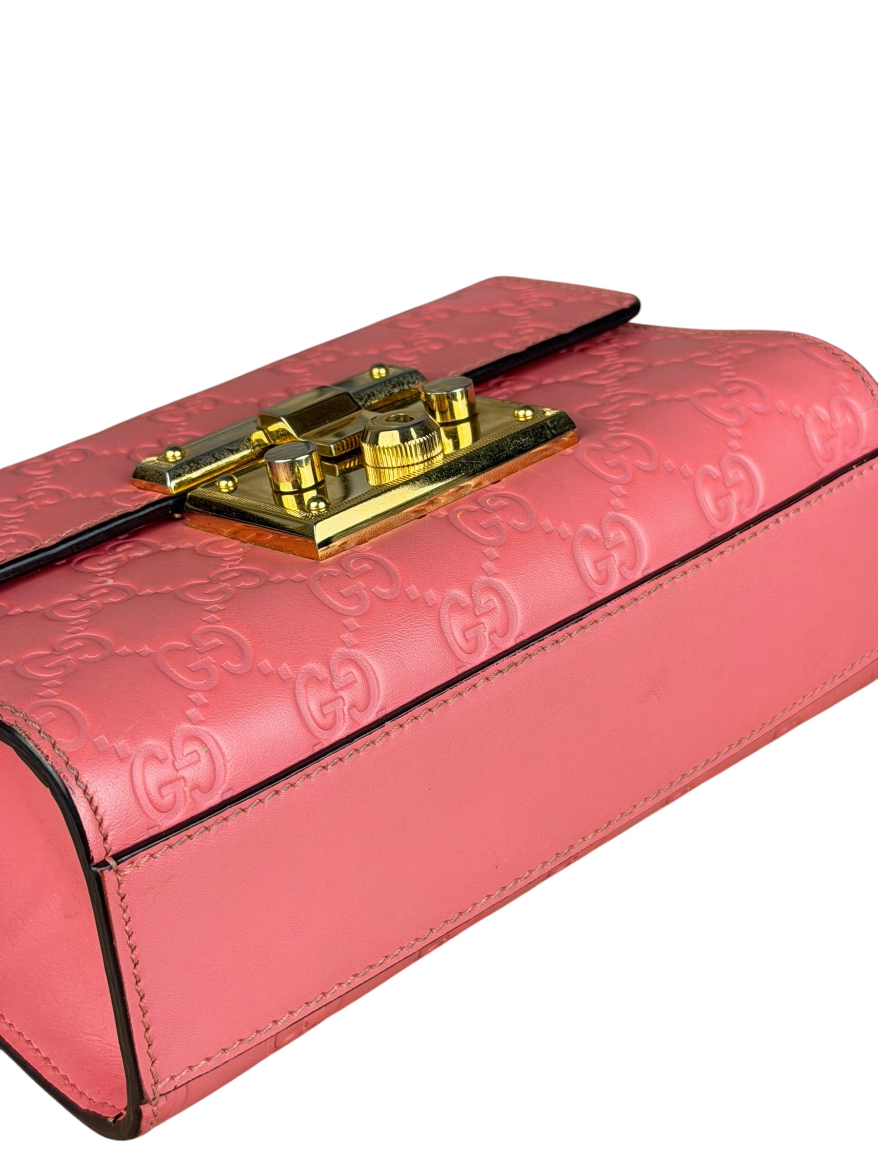 Gucci GG Pink Embossed Leather Small Padlock Chain Bag