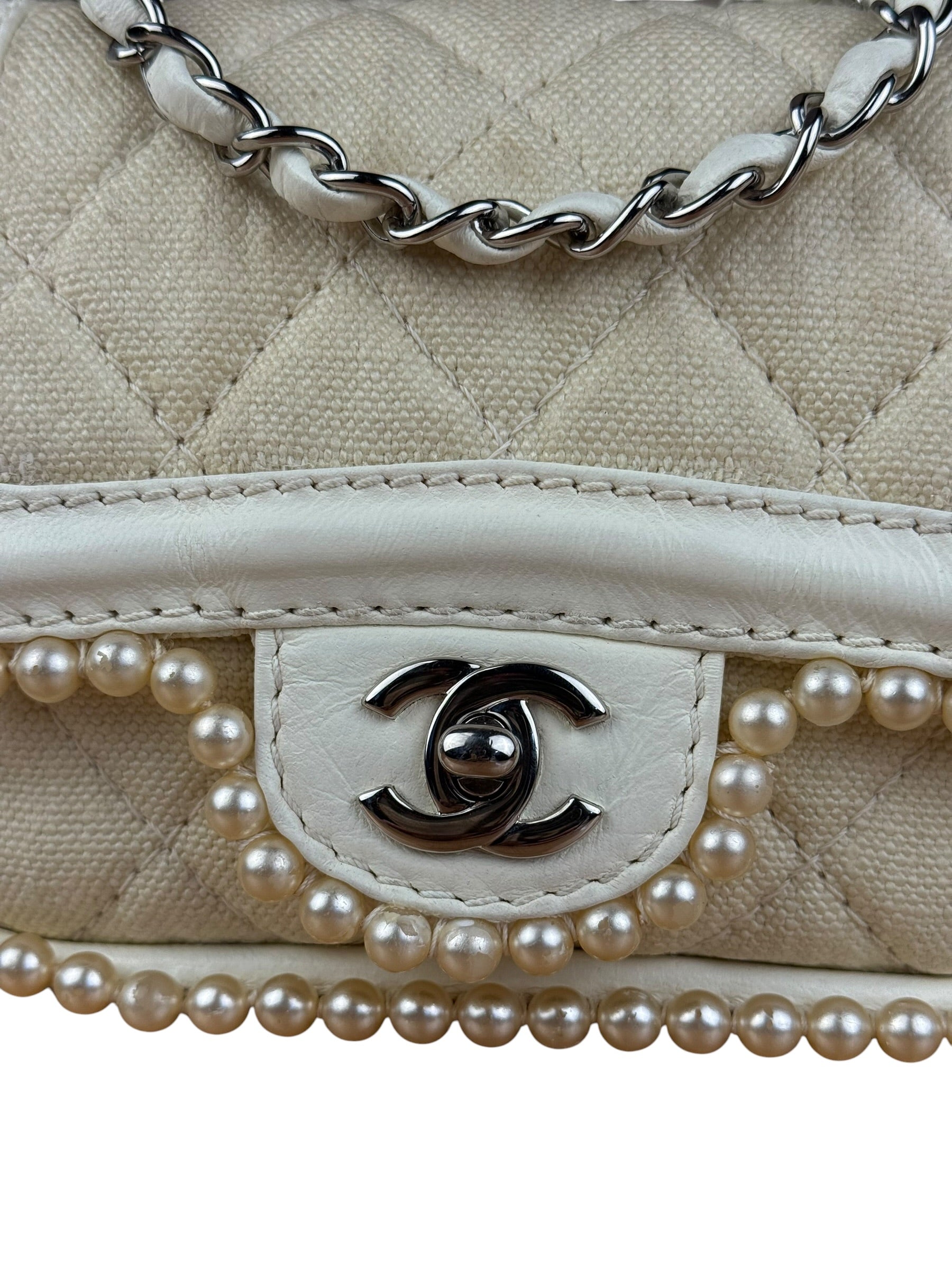 Chanel White Leather/Canvas Pearl Crossbody Flap 2003