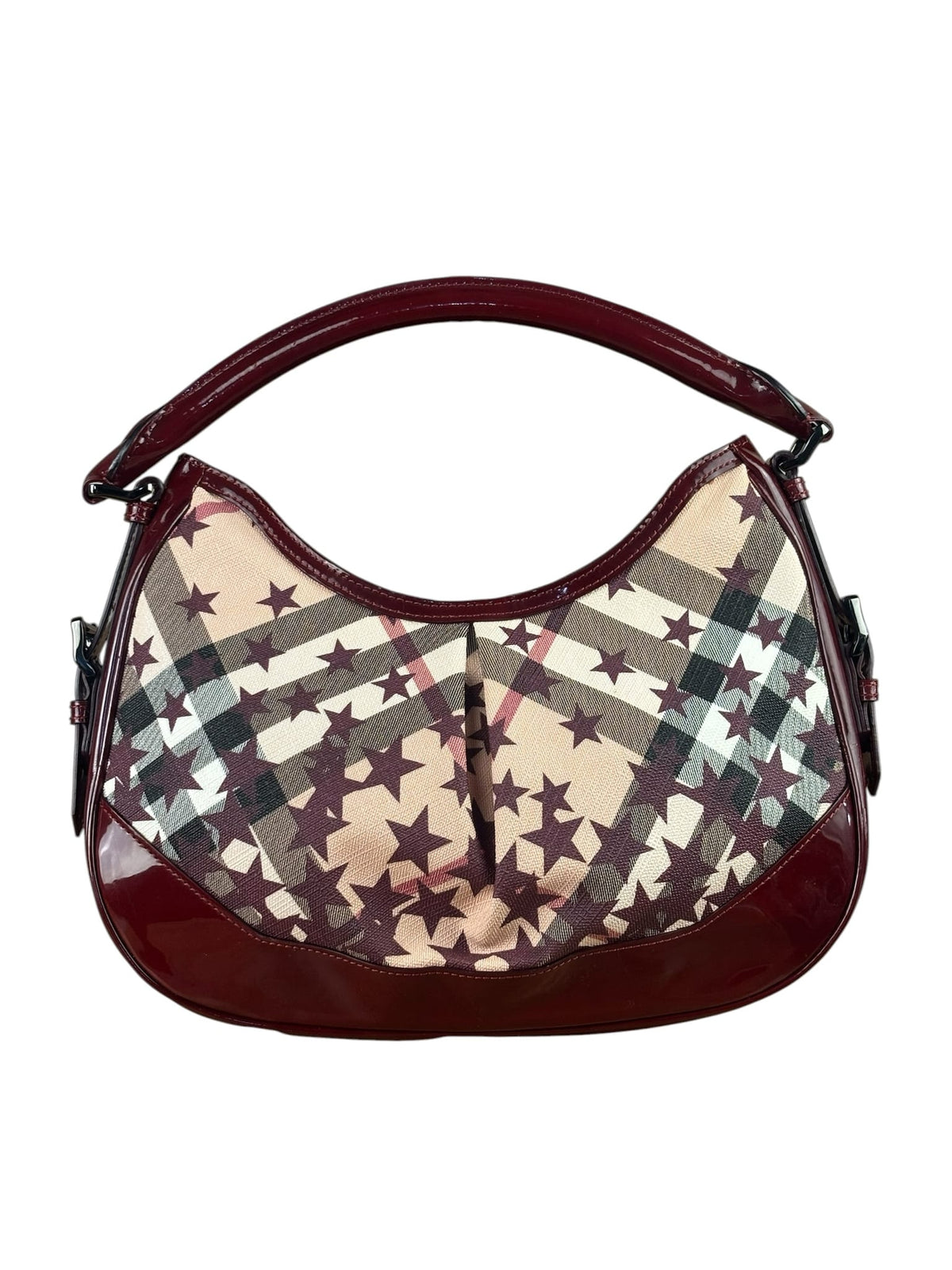 Burberry Berry Red Patent Trim Super Nova Stars Small Hernville Hobo Bag