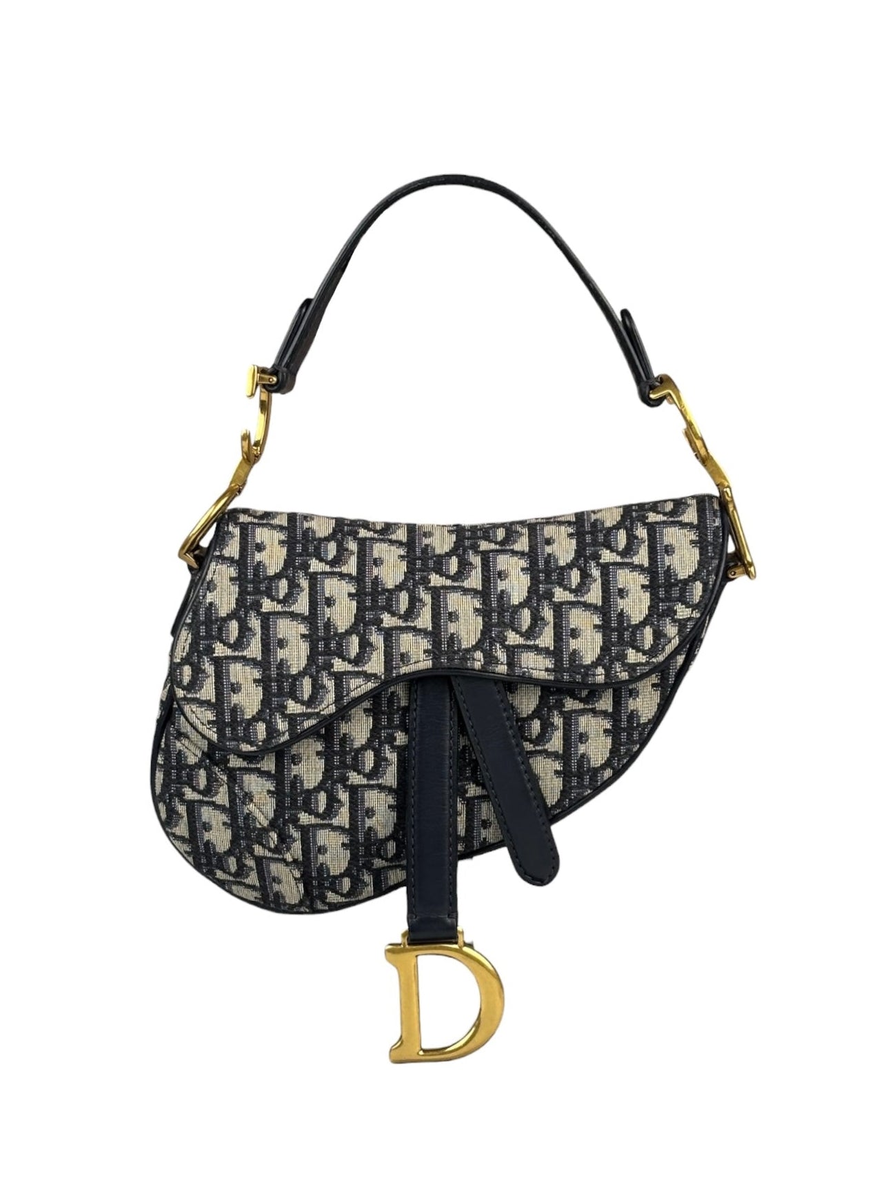 Christian Dior Navy Leather Trim Oblique Saddle Handbag