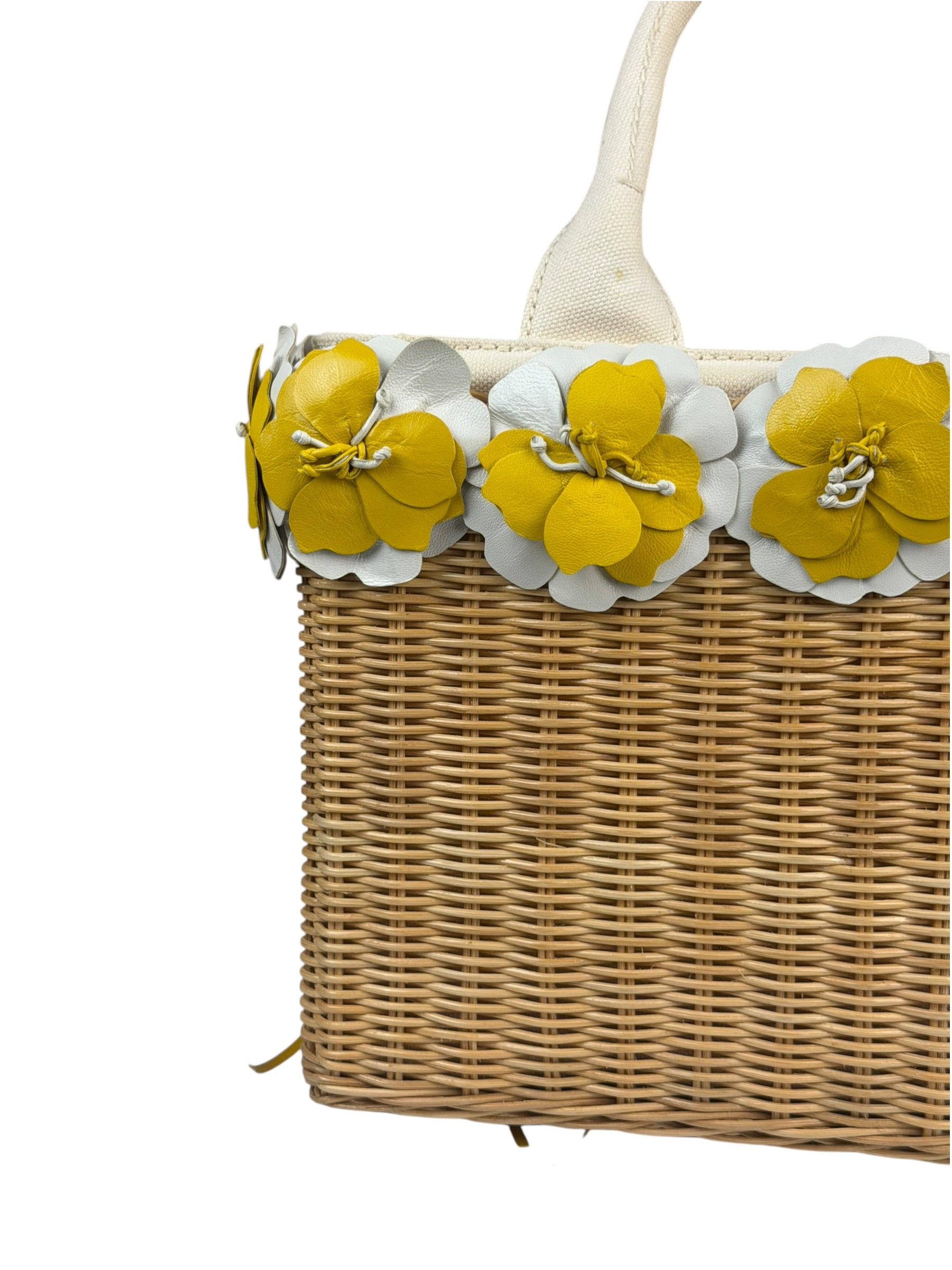 Prada Midollino Leather Trim Wicker Canvas Flower Basket