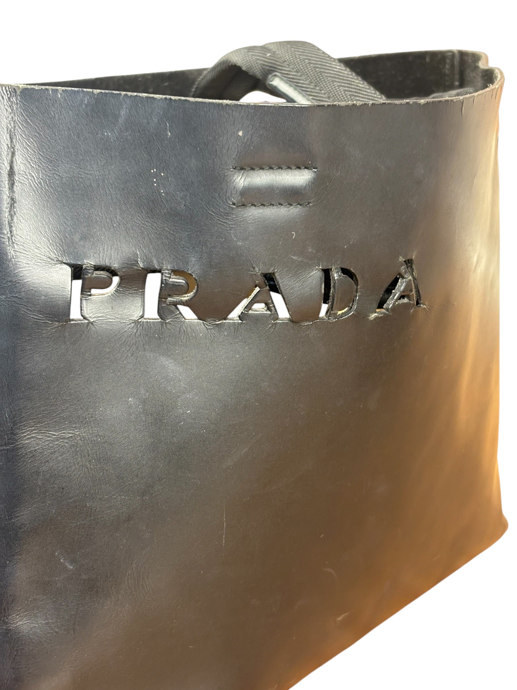 Prada Vintage Black Leather Spazzolato Laser-Cut-Logo Tote Bag