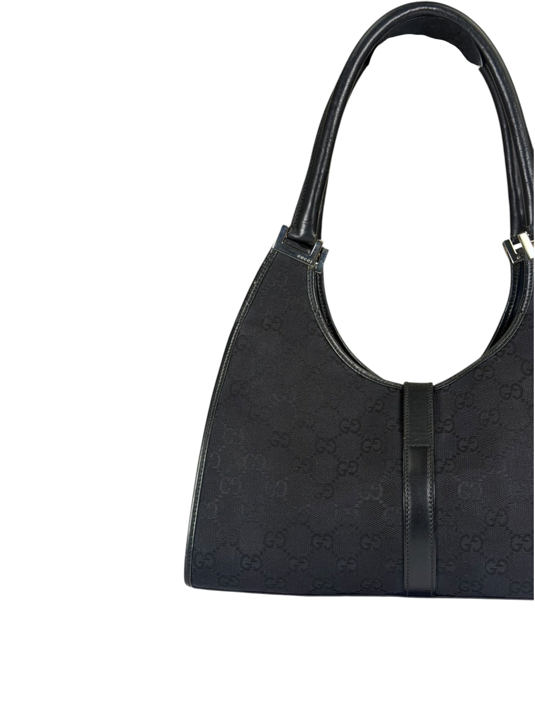 Gucci Black Leather Trim GG Bardot Jackie Medium Hobo Bag