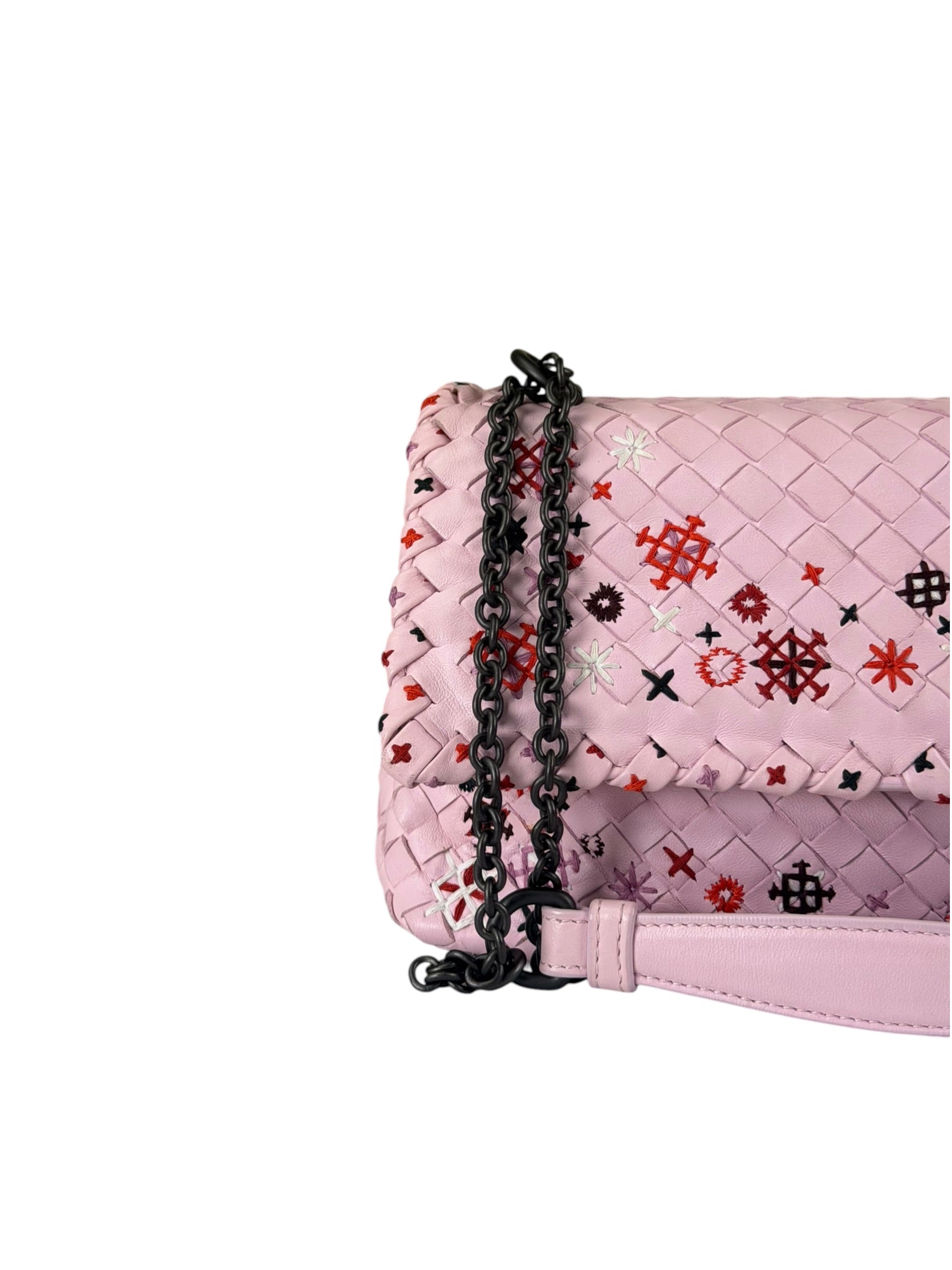 Bottega Veneta Baby Pink Leather Intrecciato Embroidered Flap Bag