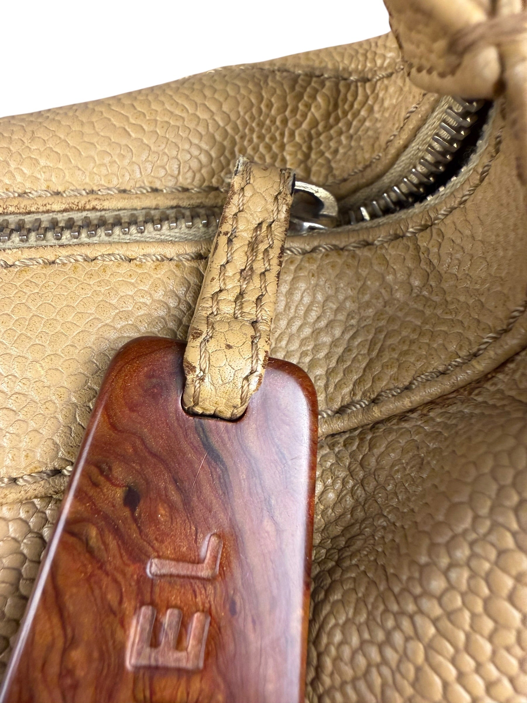 Chanel CC Vintage Beige Leather Caviar Wood Chain Hobo Bag