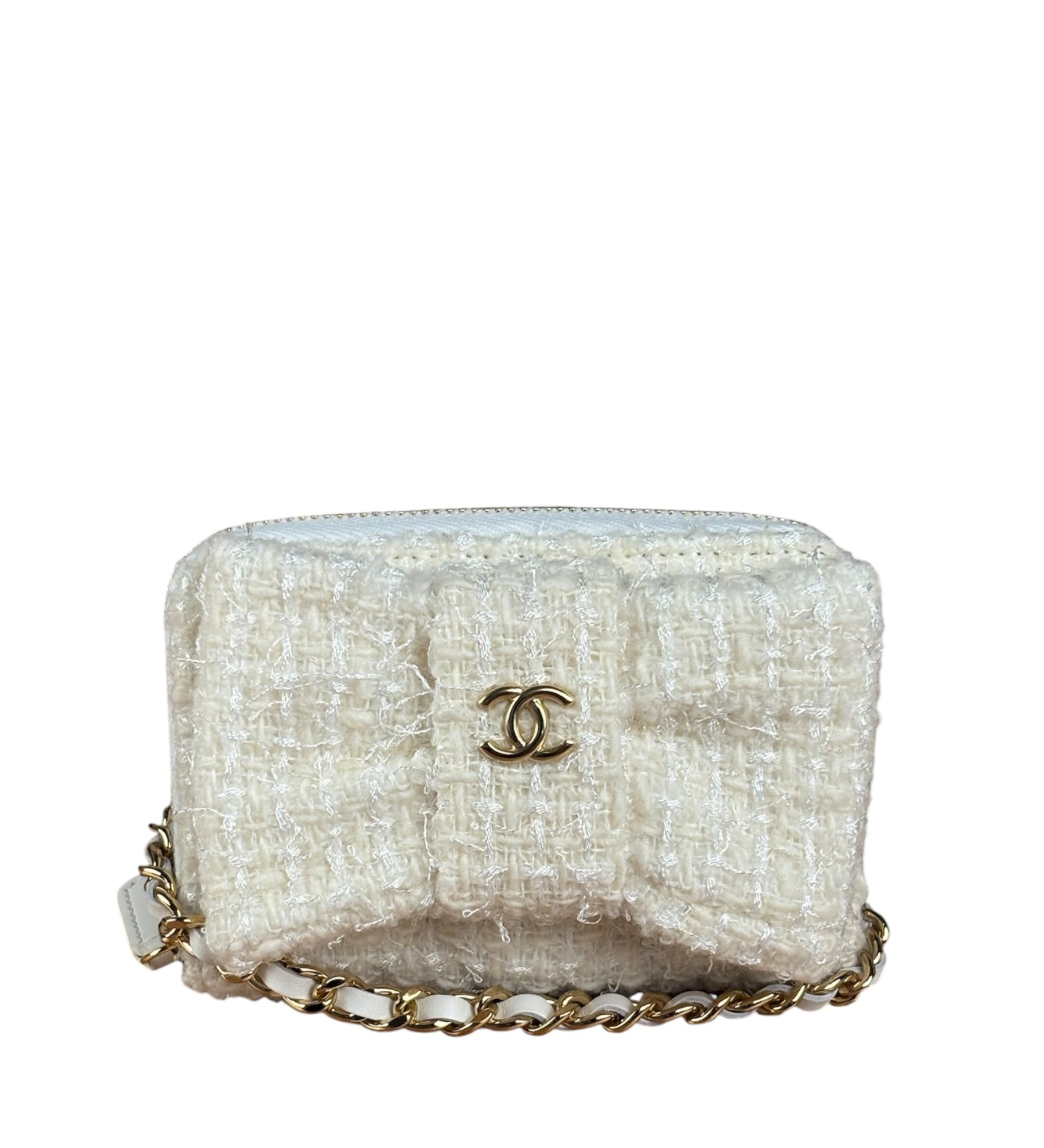 Chanel White Tweed Quilted Bow Wallet On Chain