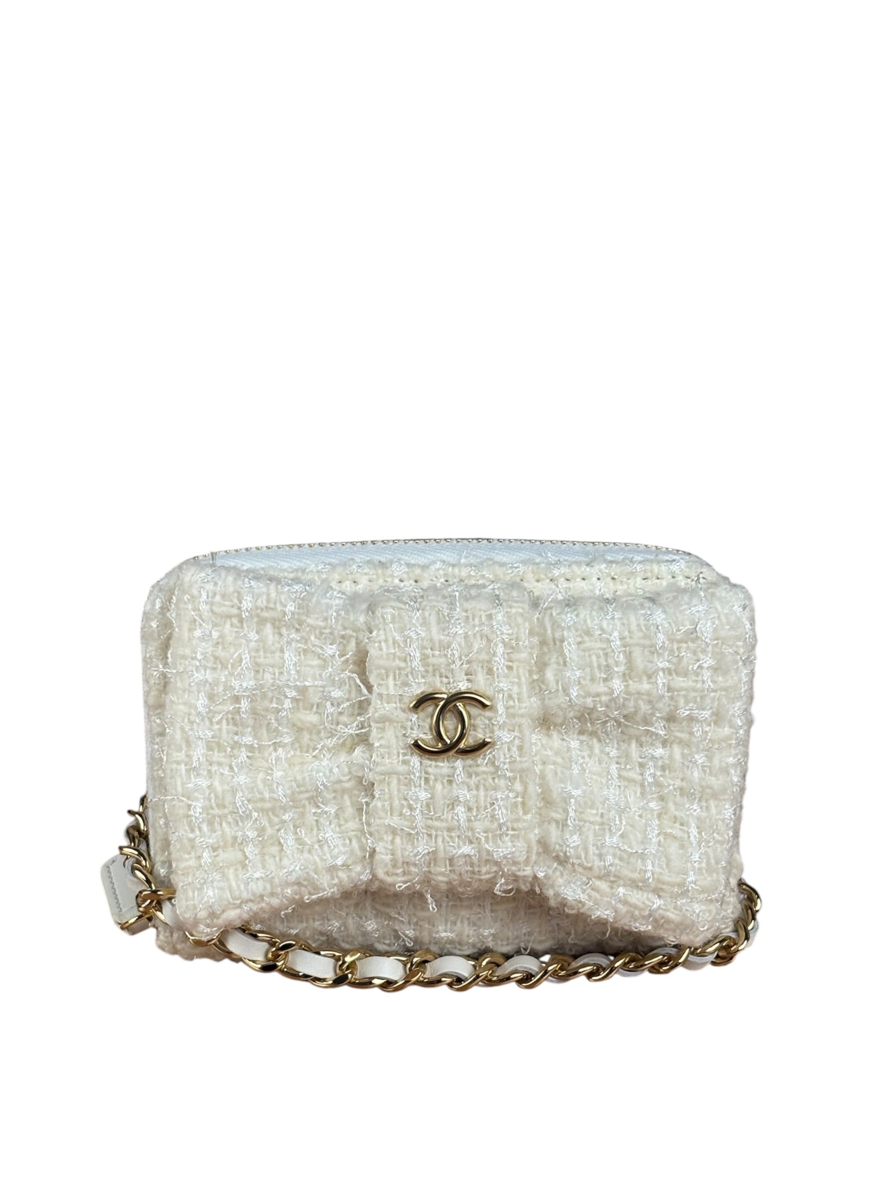 Chanel White Tweed Quilted Bow Wallet On Chain