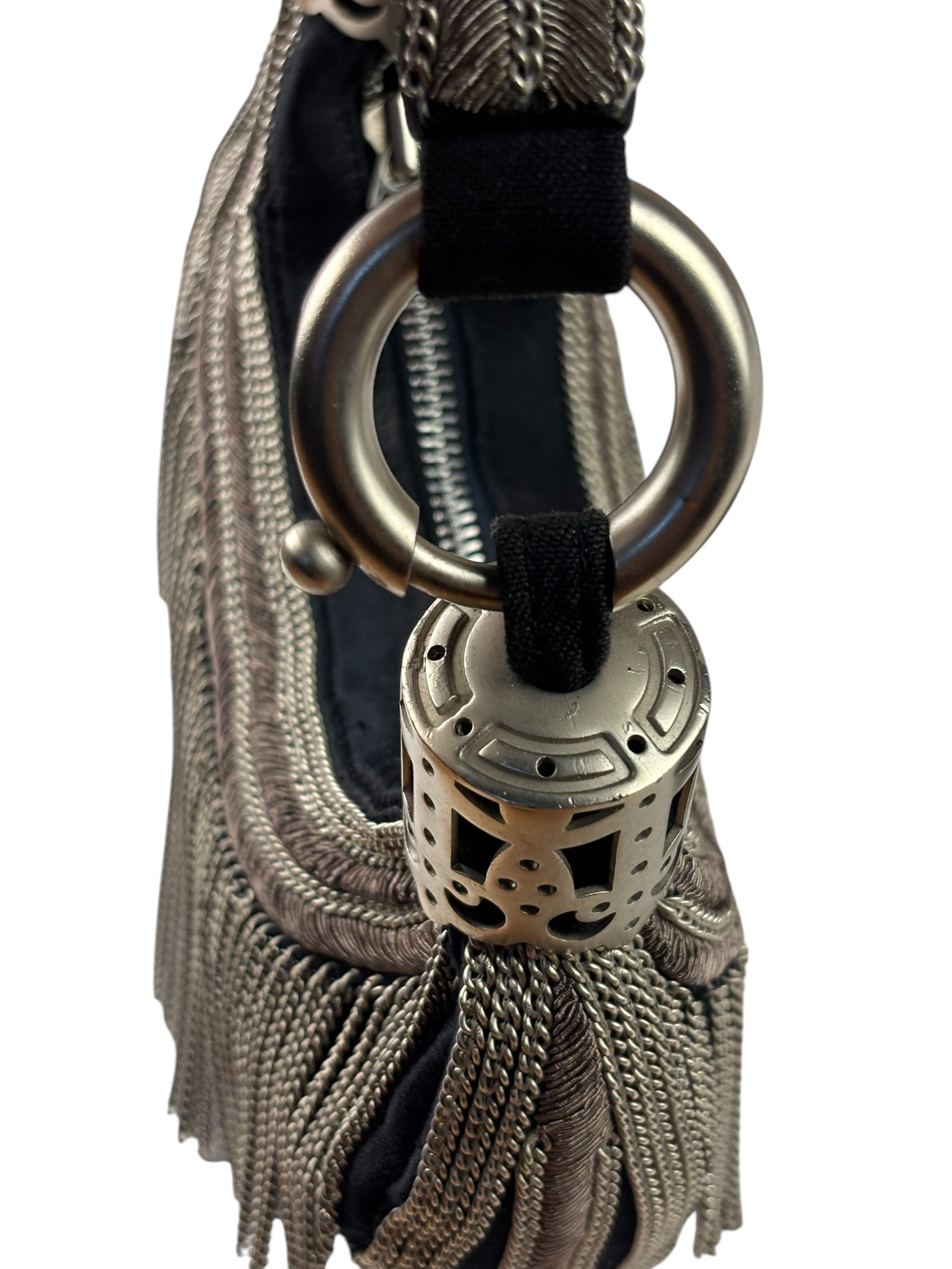 Chole Black Nylon Chain-Link Crescent Mini Hobo Bag