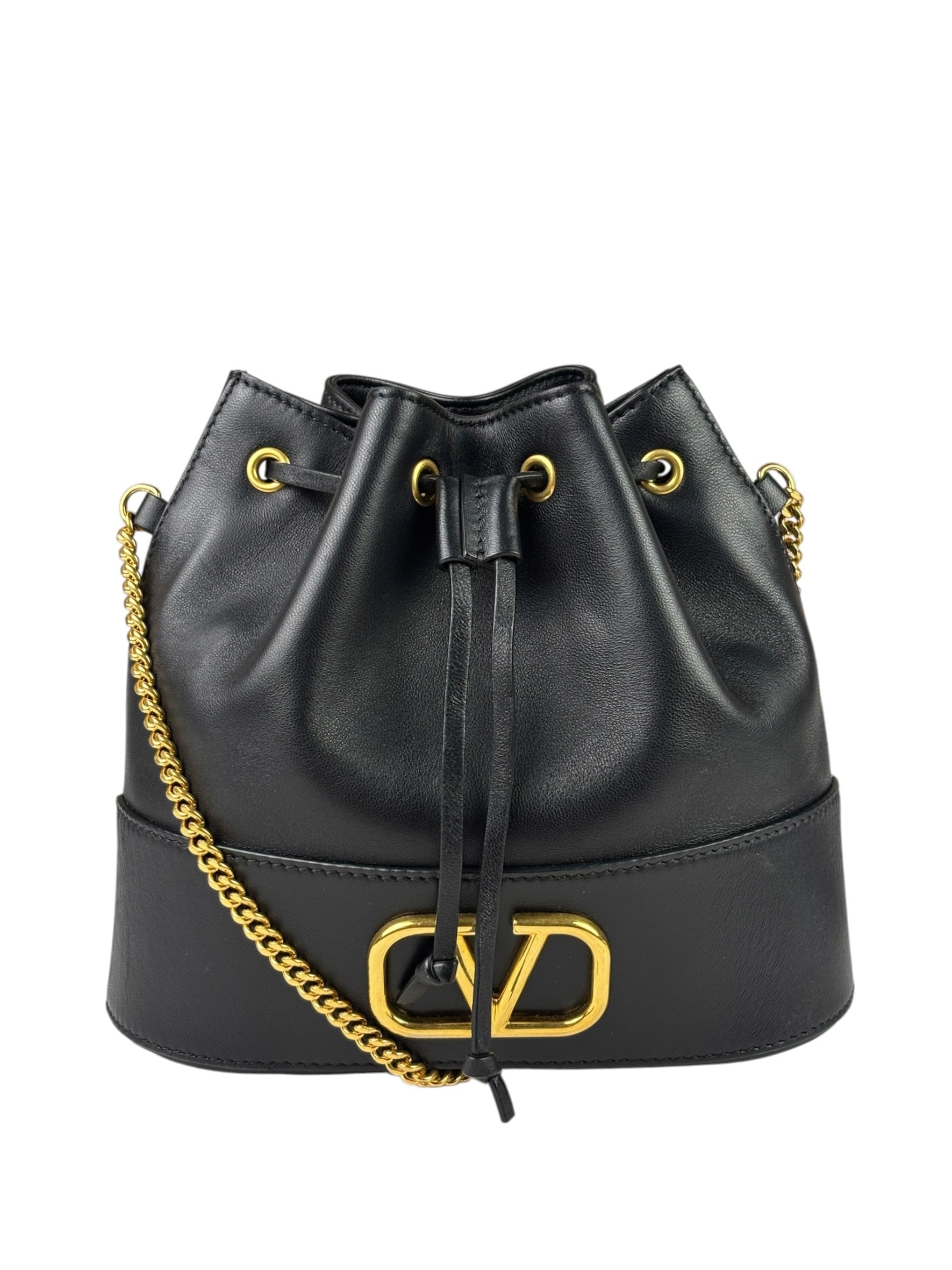 Valentino Black Leather Garavani Mini V Logo Signature Bucket Bag