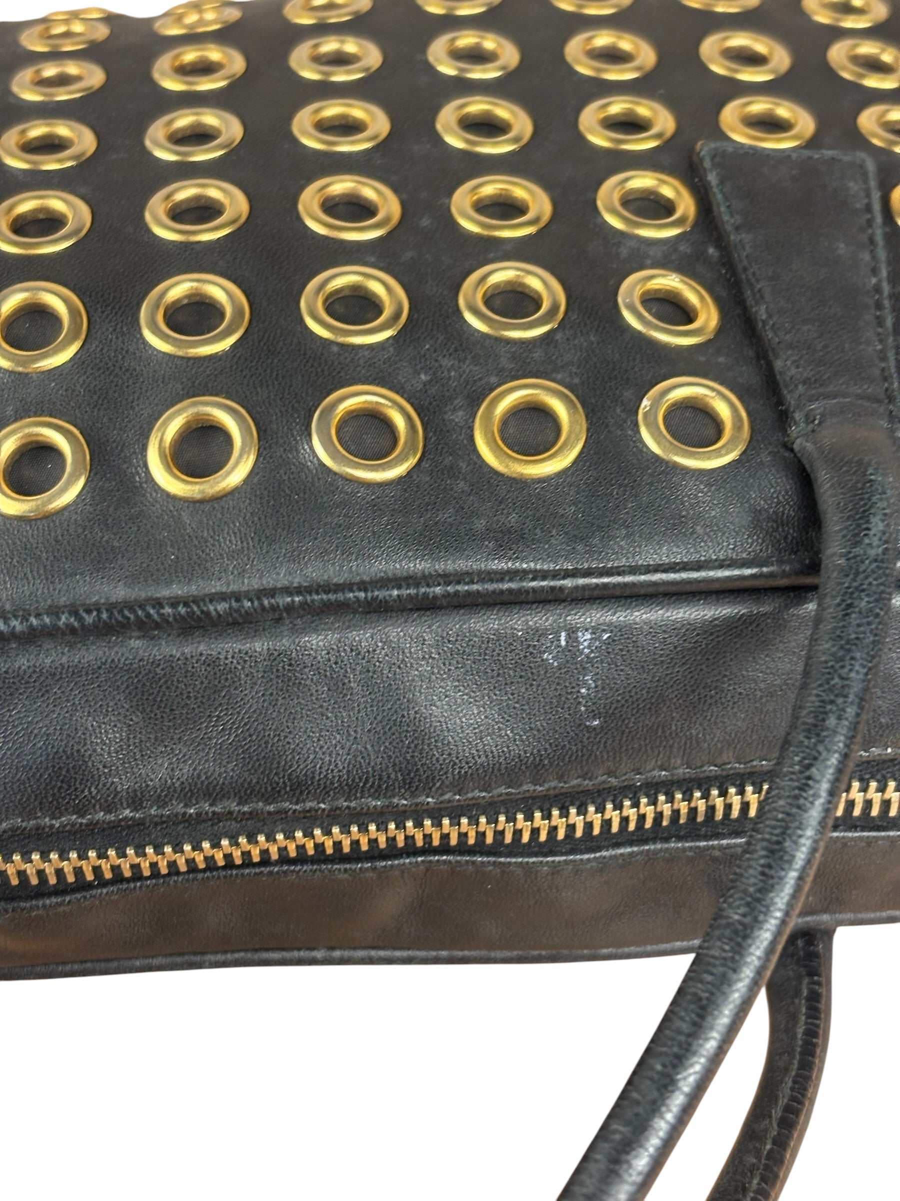 Prada Vintage Black Leather Nappa Metal Grommet Bauletto Handbag
