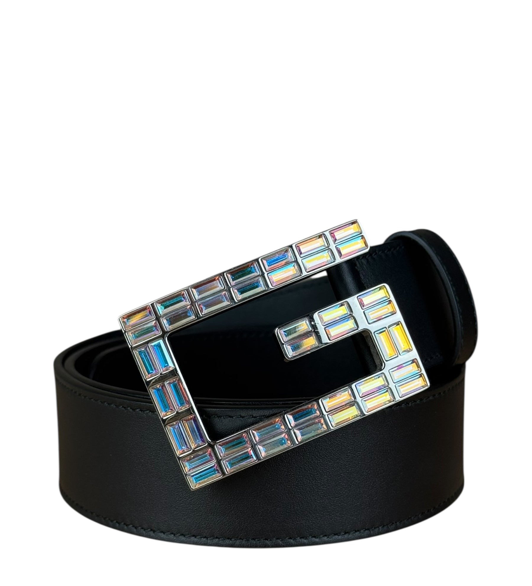 Gucci Black Leather Crystal Logo Belt