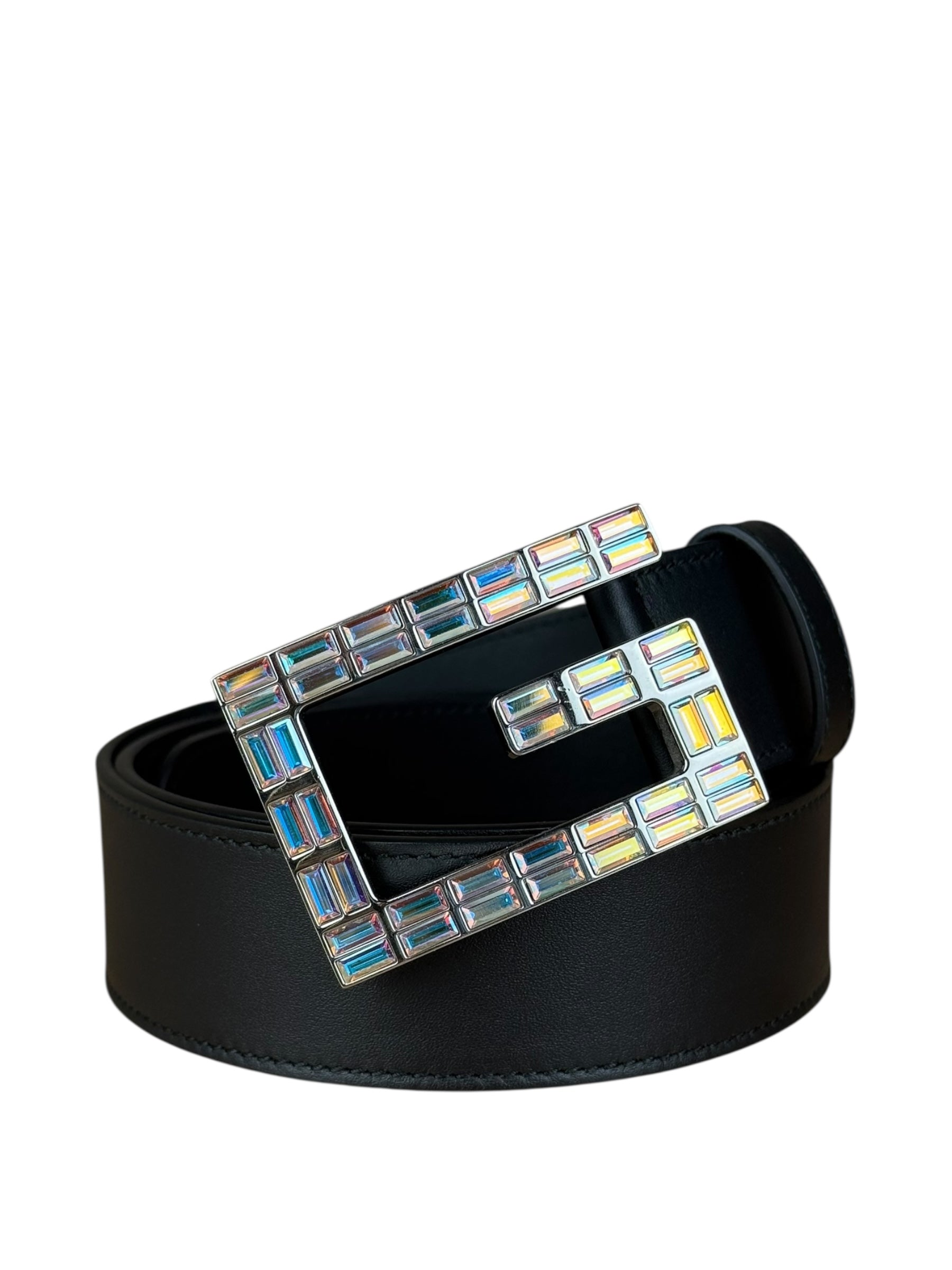 Gucci Black Leather Crystal Logo Belt