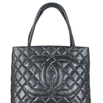 Chanel Vintage CC Black Quilted Caviar Leather Medallion Tote Bag 2002