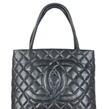 Chanel Vintage CC Black Quilted Caviar Leather Medallion Tote Bag 2002
